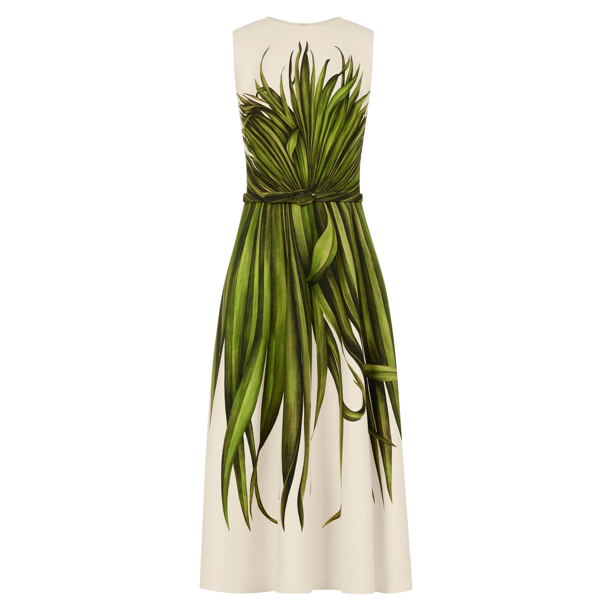 Sleeveless Palm Leaves Wool-Blend Midi Day Dress