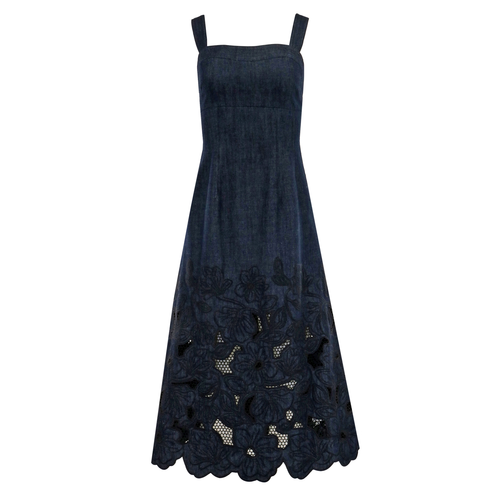 Rosaura Floral-Embroidered Denim Midi Dress