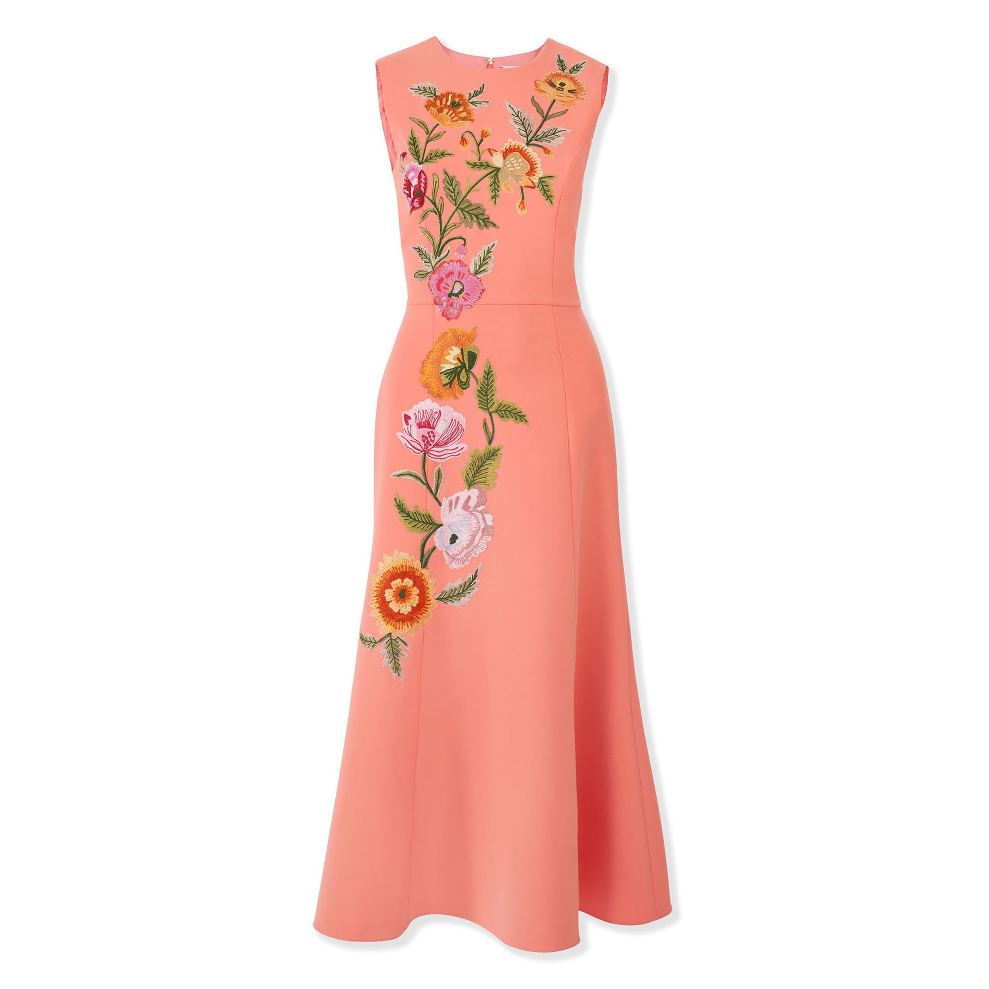 Floral-Embroidered Sleeveless Crewneck Midi Dress