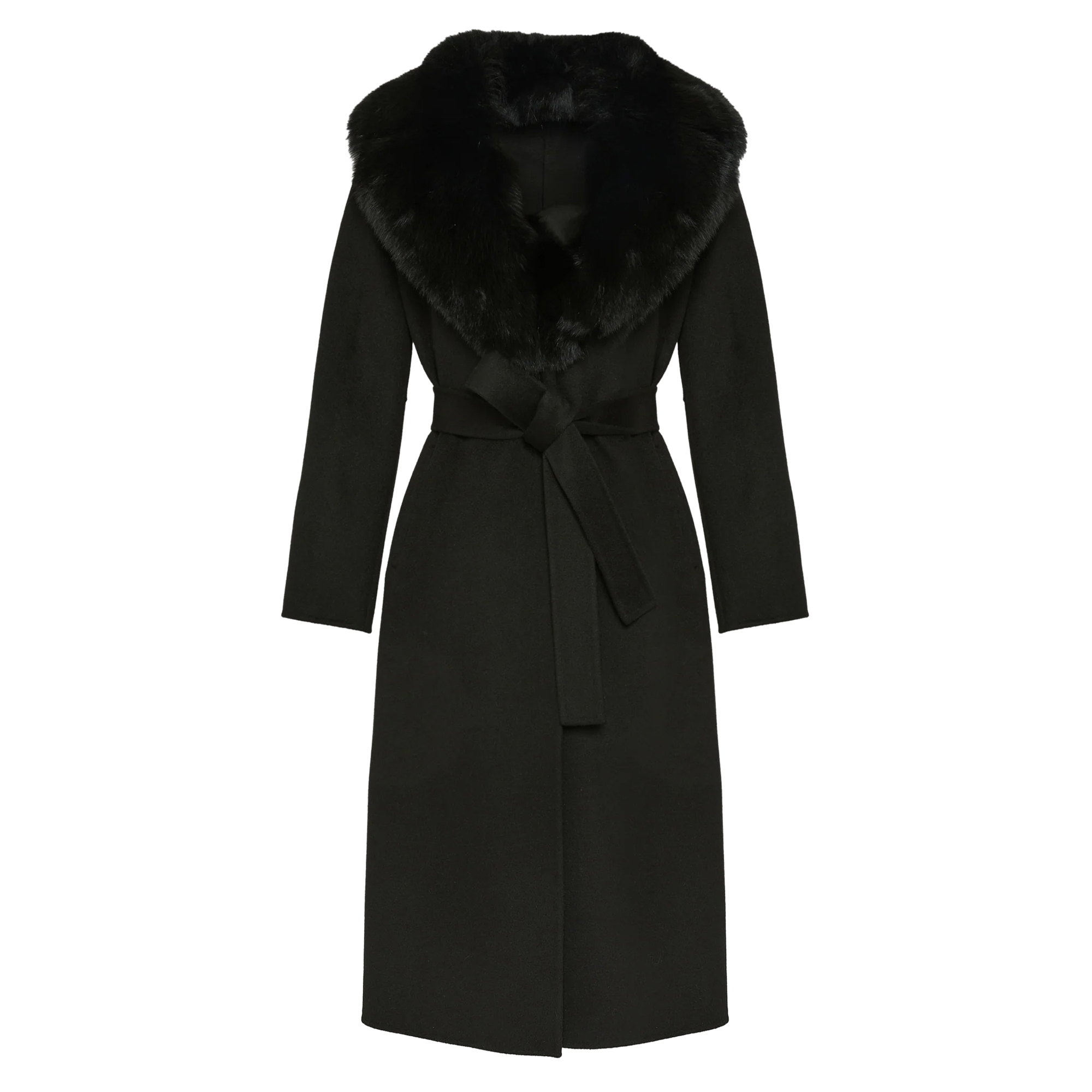 Manteau Belted Midi Coat With Fox Fur Collar