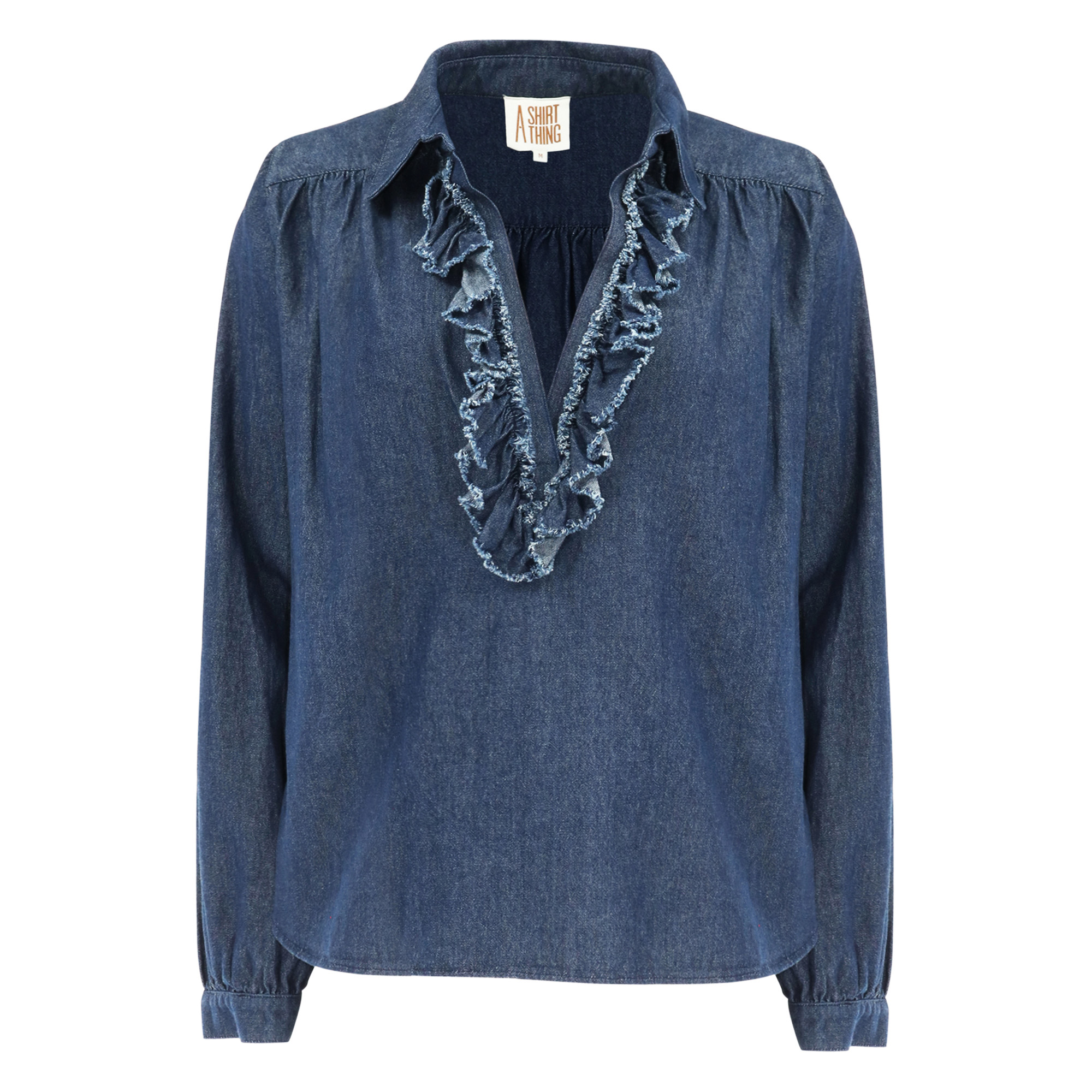 Celine Long Sleeve Ruffle Front Denim Shirt
