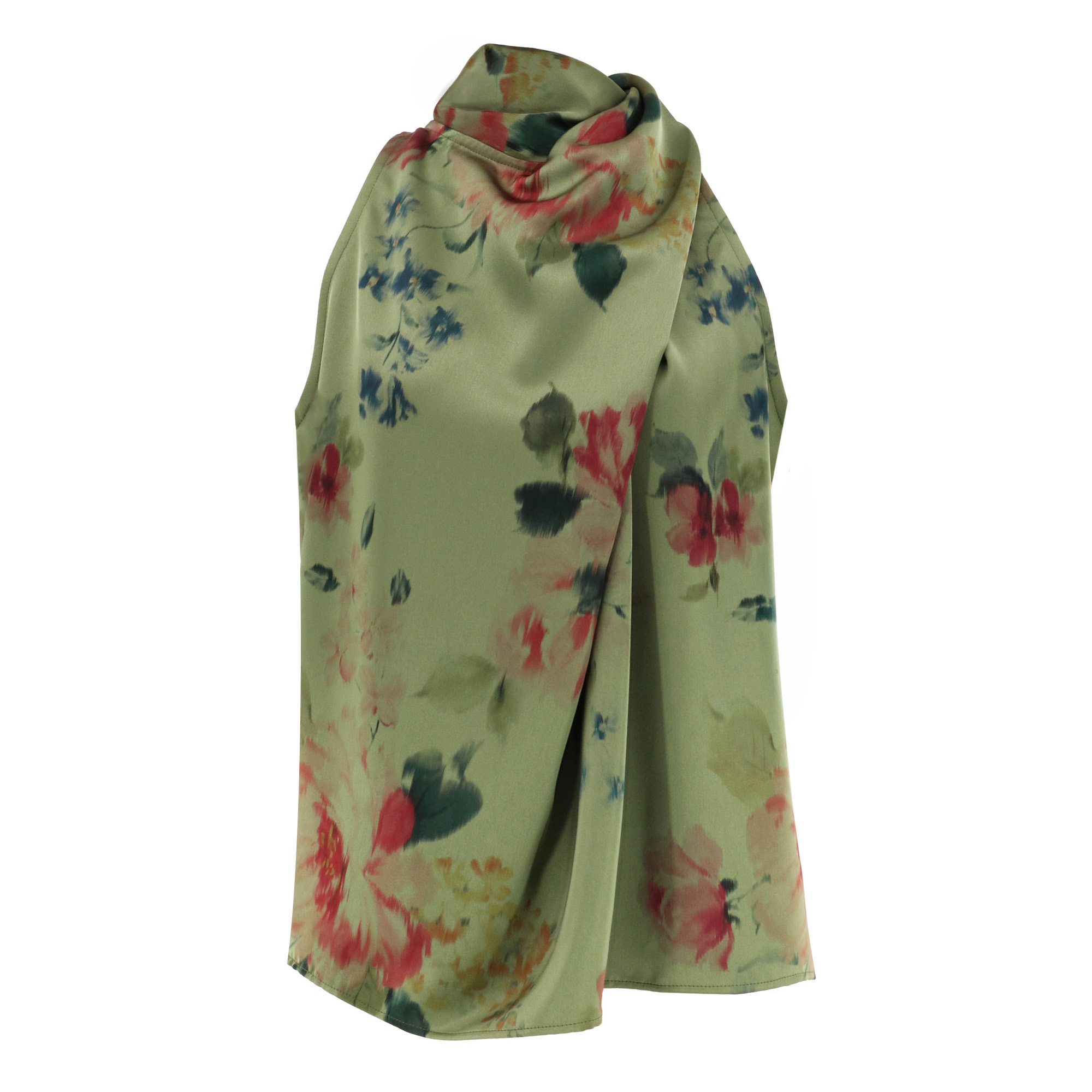Maxi Sleeveless Floral Satin Draped Blouse