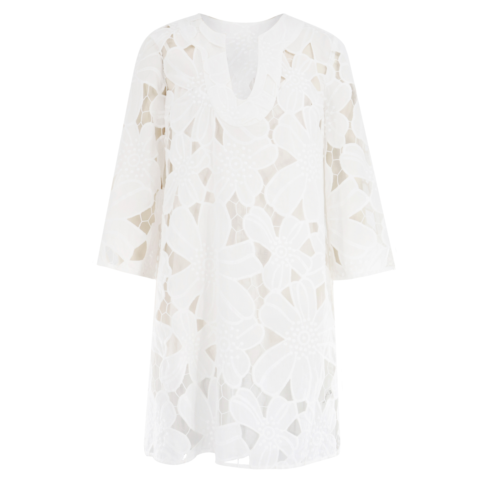 Mangrove 3/4 Sleeve V-Neck Laser-Cut Mini Dress
