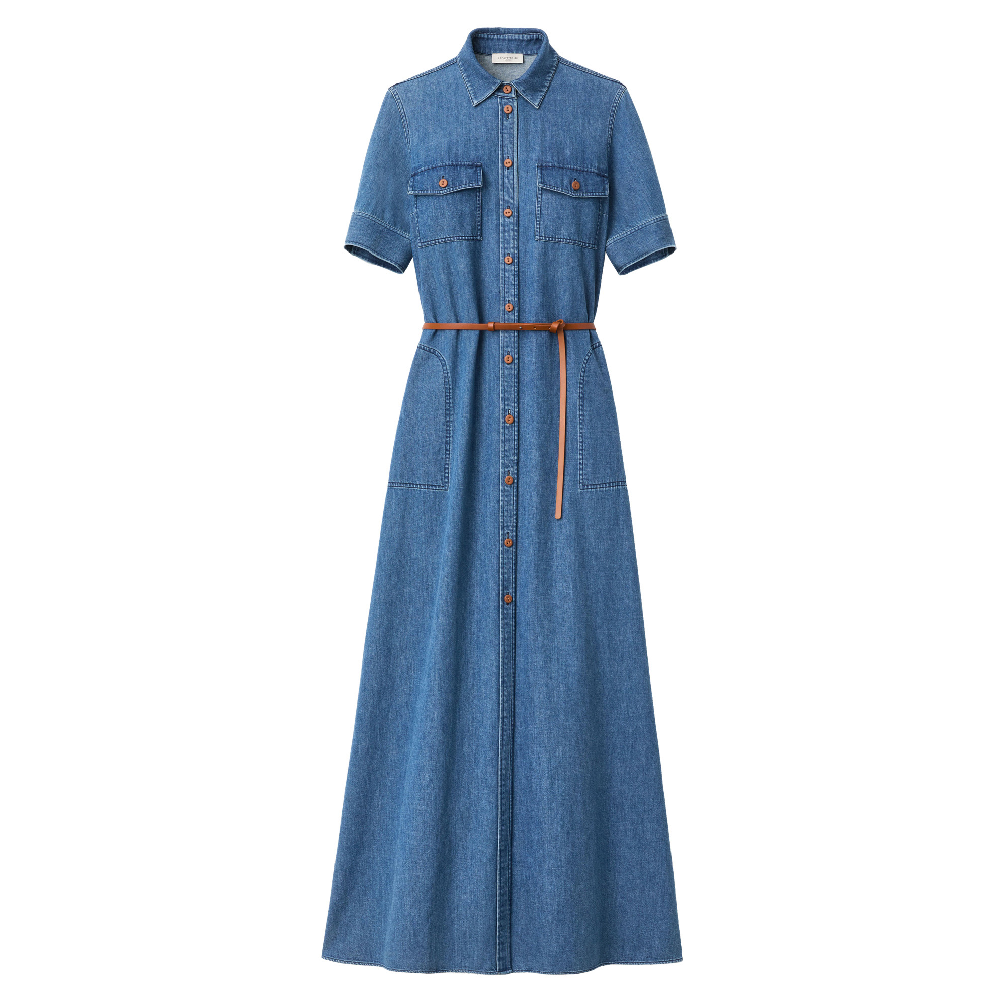Short Sleeve Patch Pocket Chambray Maxi Shirtdress