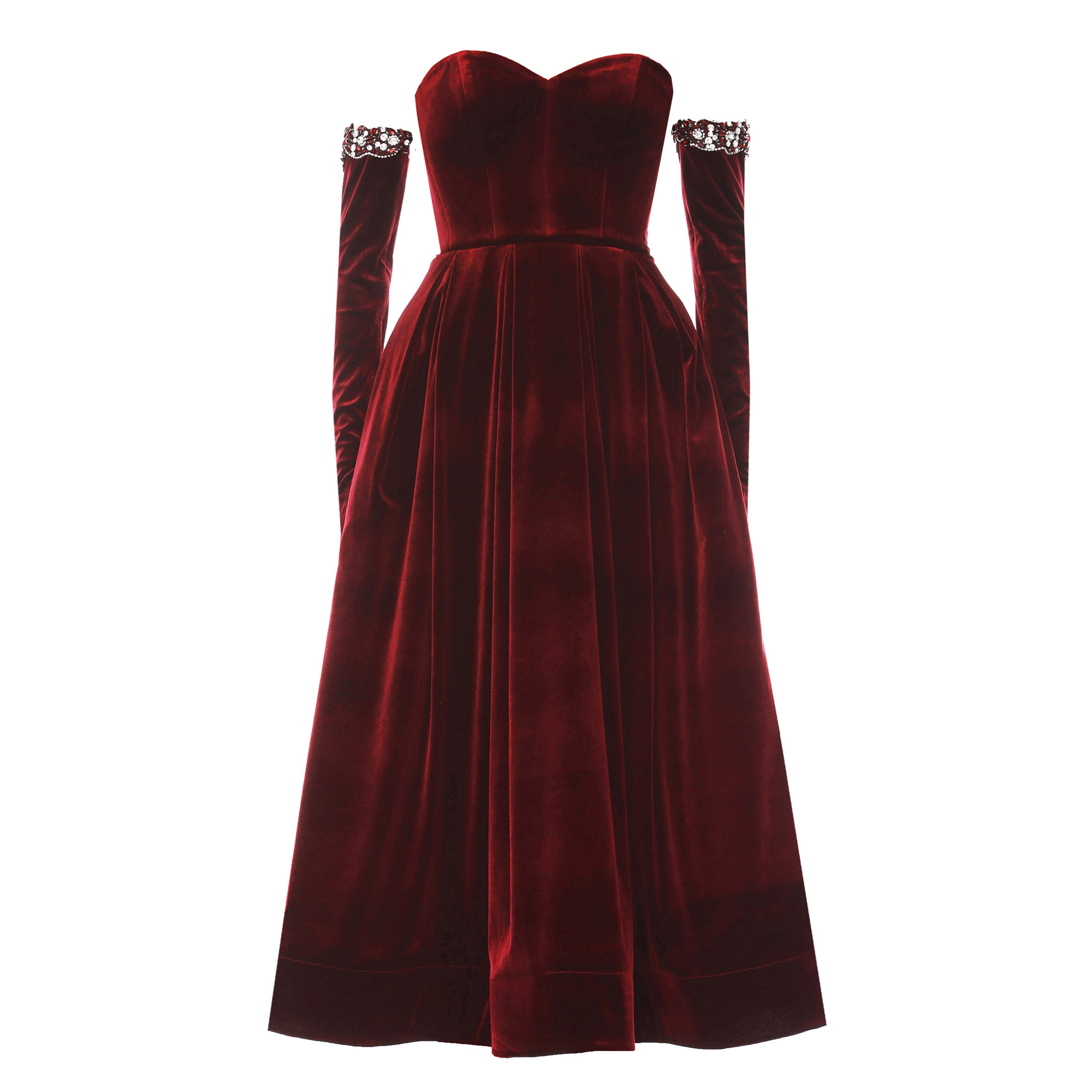 Velvet Strapless Midi Dress With Gloves