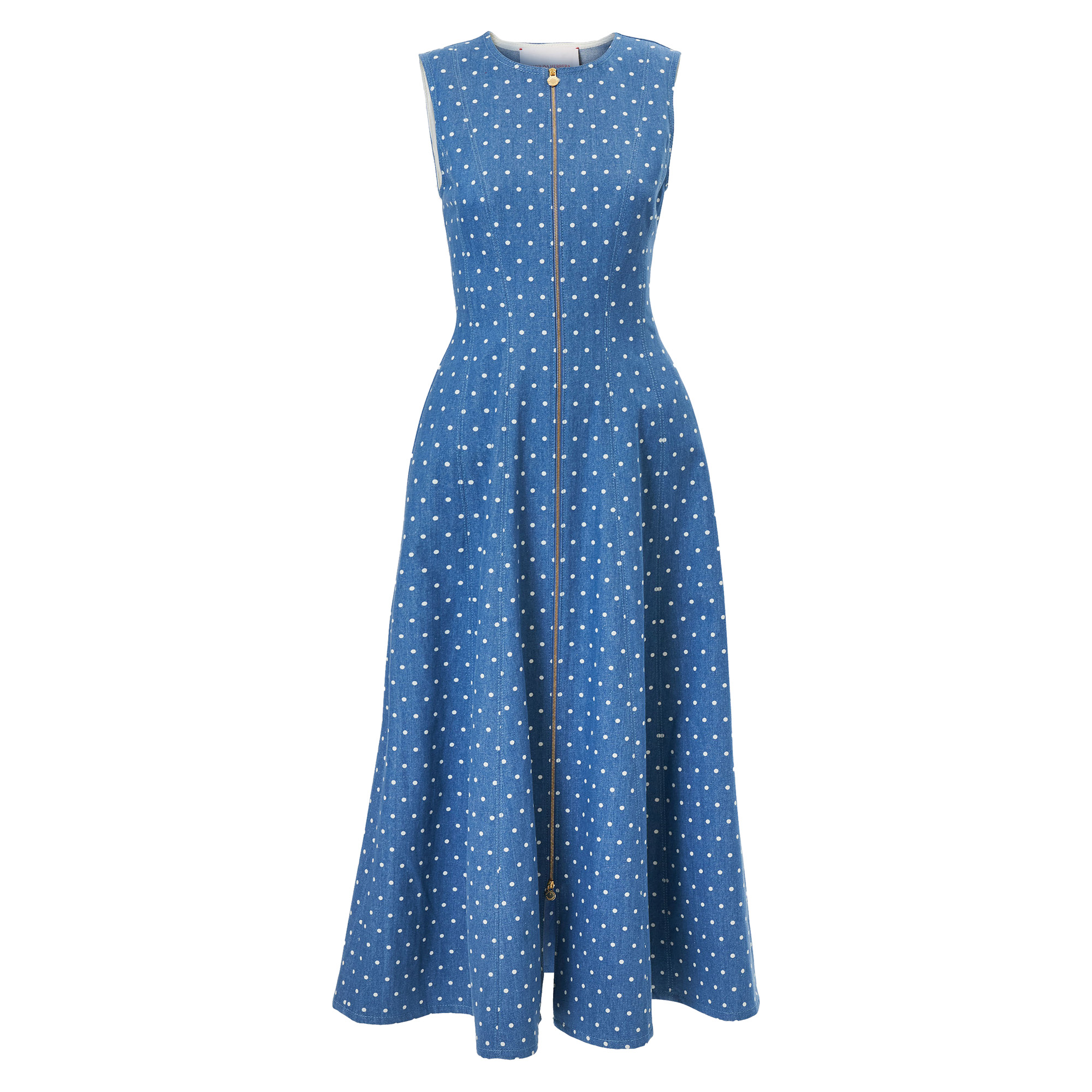 Sleeveless Polka Dot Denim Midi Dress