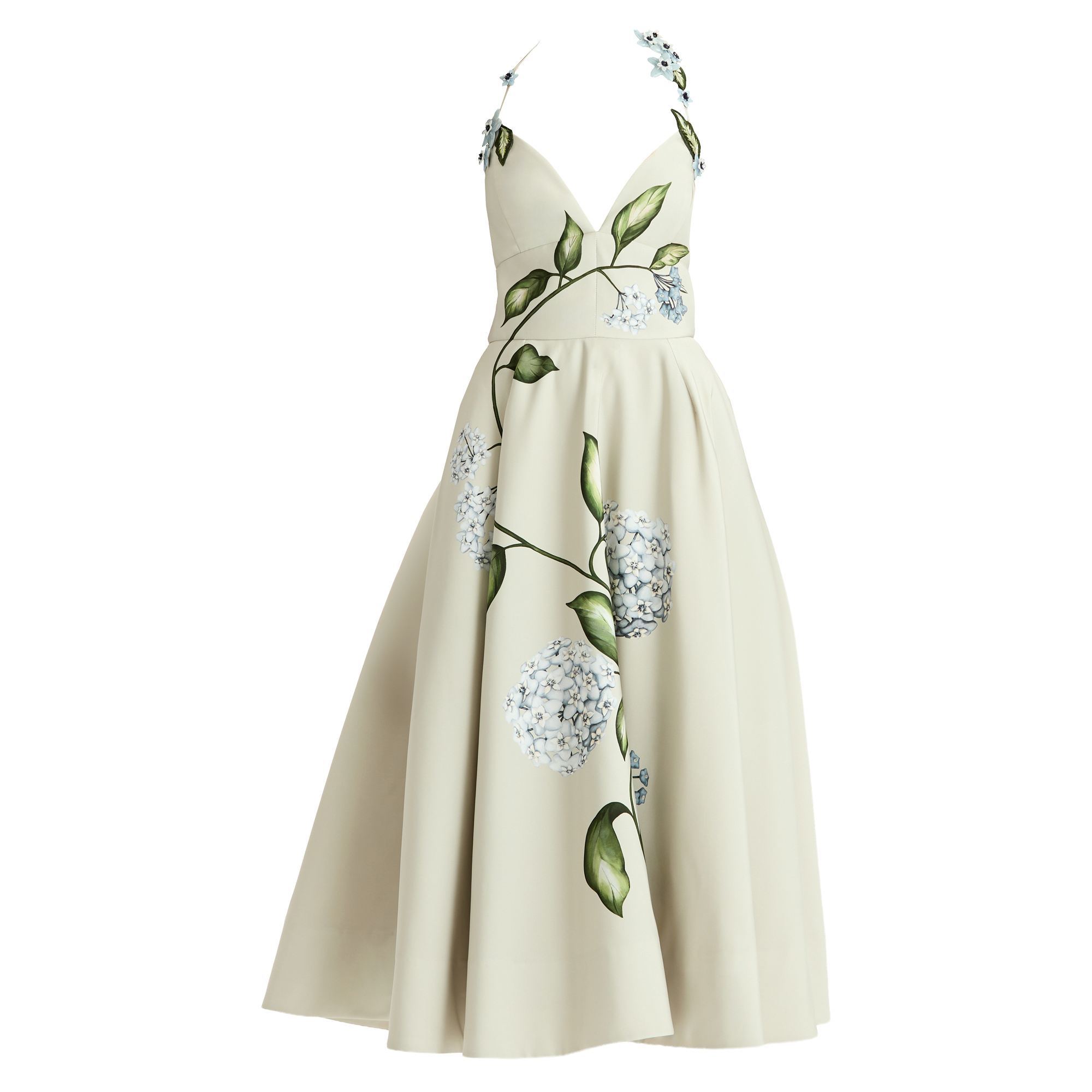 Halter Neck Porcelain Flowers Faille Cocktail Midi Dress