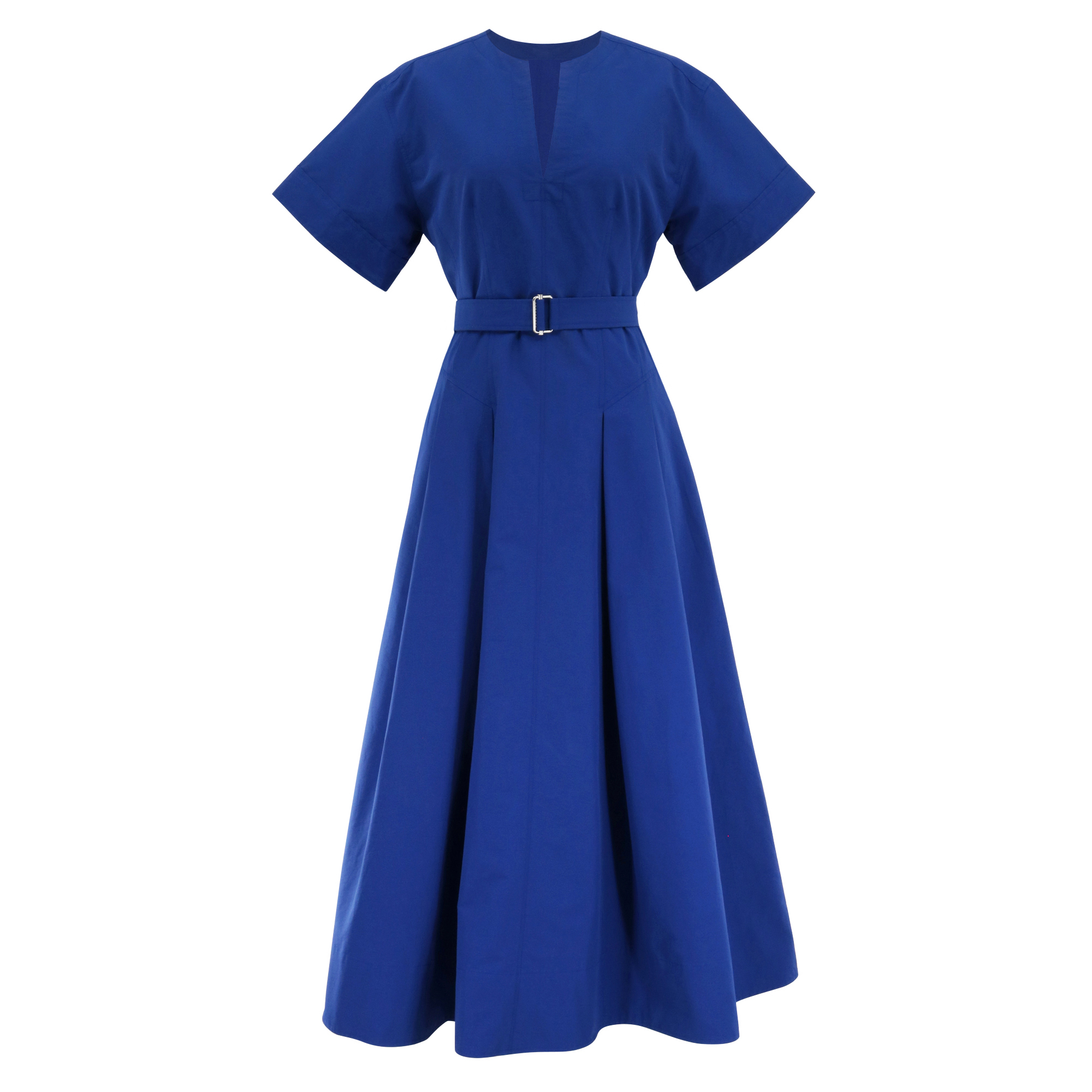 Corinne Short Sleeve Belted Cotton Pleated Midi Dress