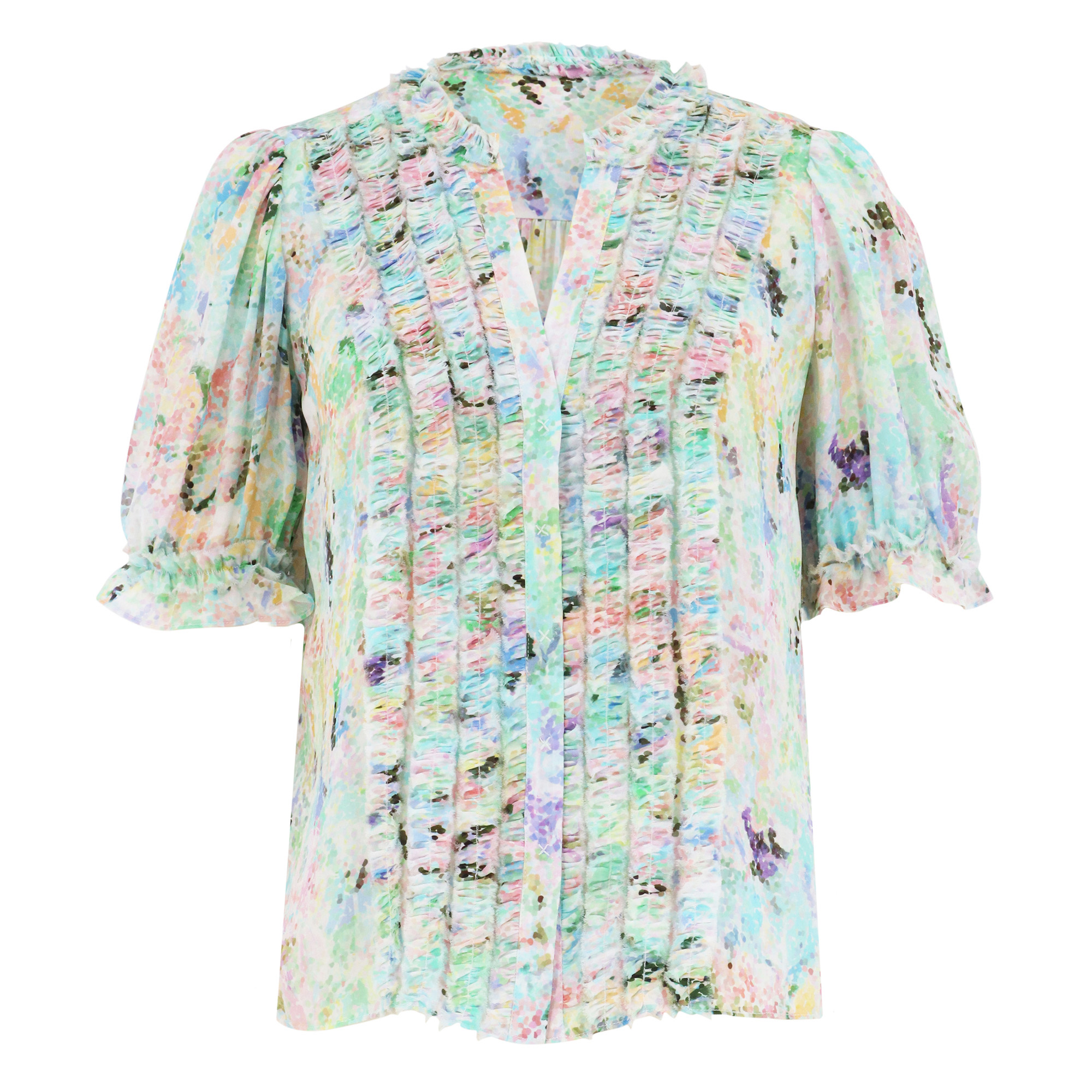 Go Get Ready To Ruffle Short Sleeve Printed Silk Blouse