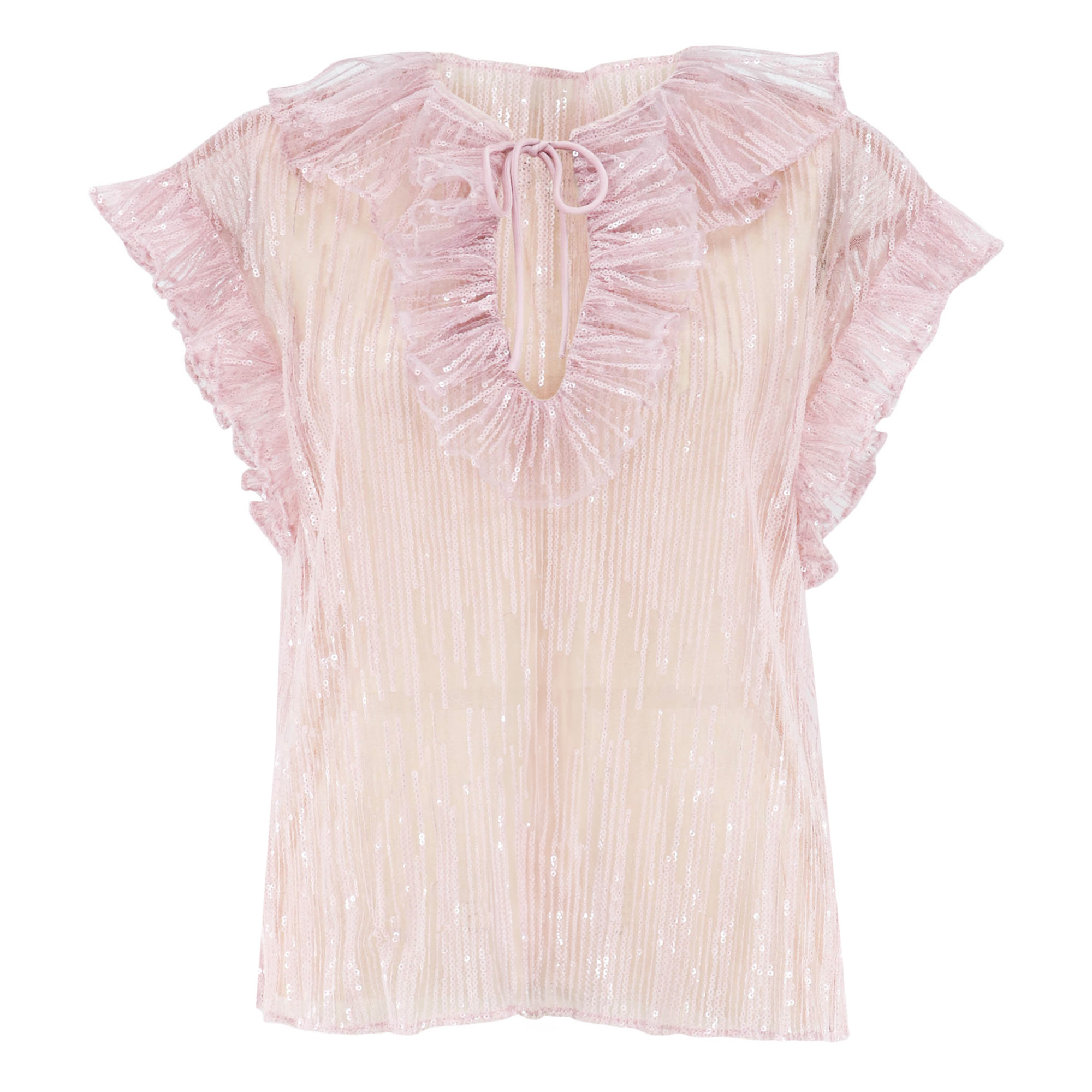 Este Short Sleeve Sequined Ruffle Tulle Top