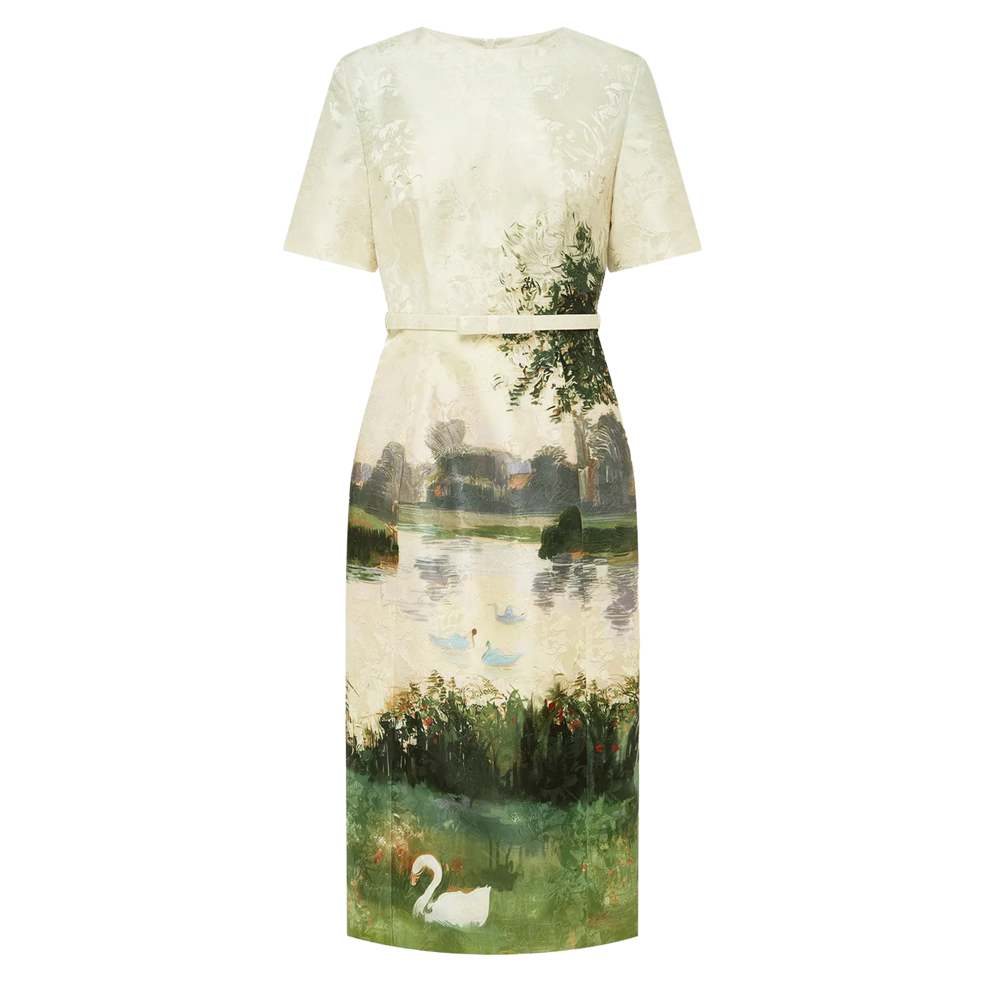 Elizabeth Jacquard Short Sleeve Belted Midi Dress