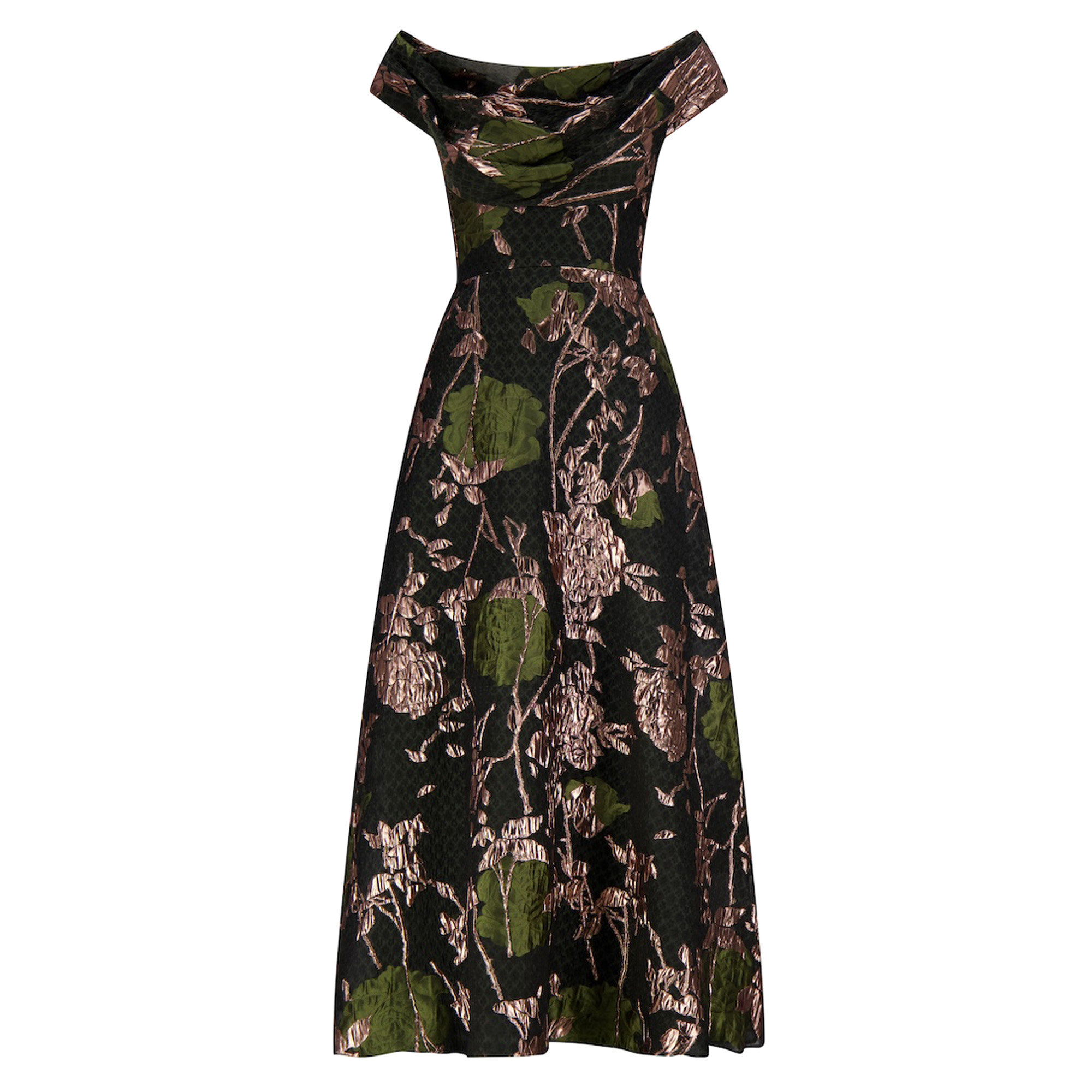 Floral Fil Coupe Off-The-Shoulder Draped Midi Dress