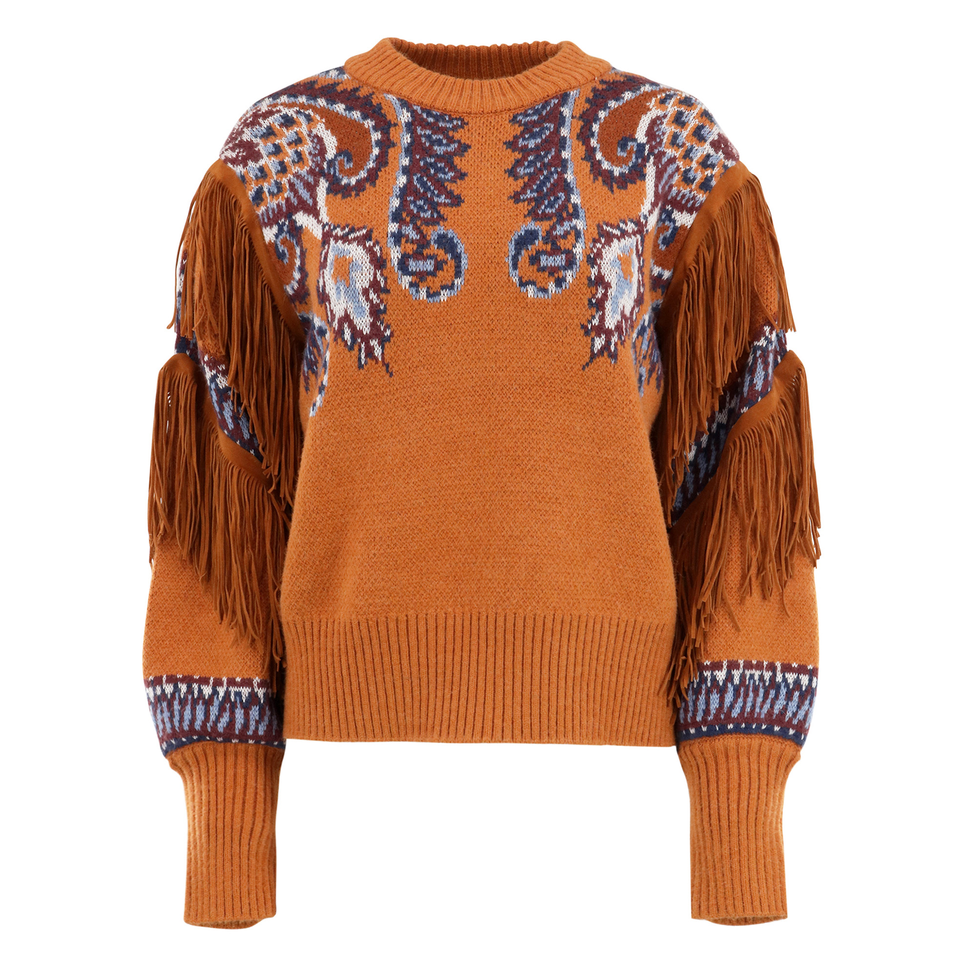 Arabesque Scarf Fringe Cuffed Knit Sweater