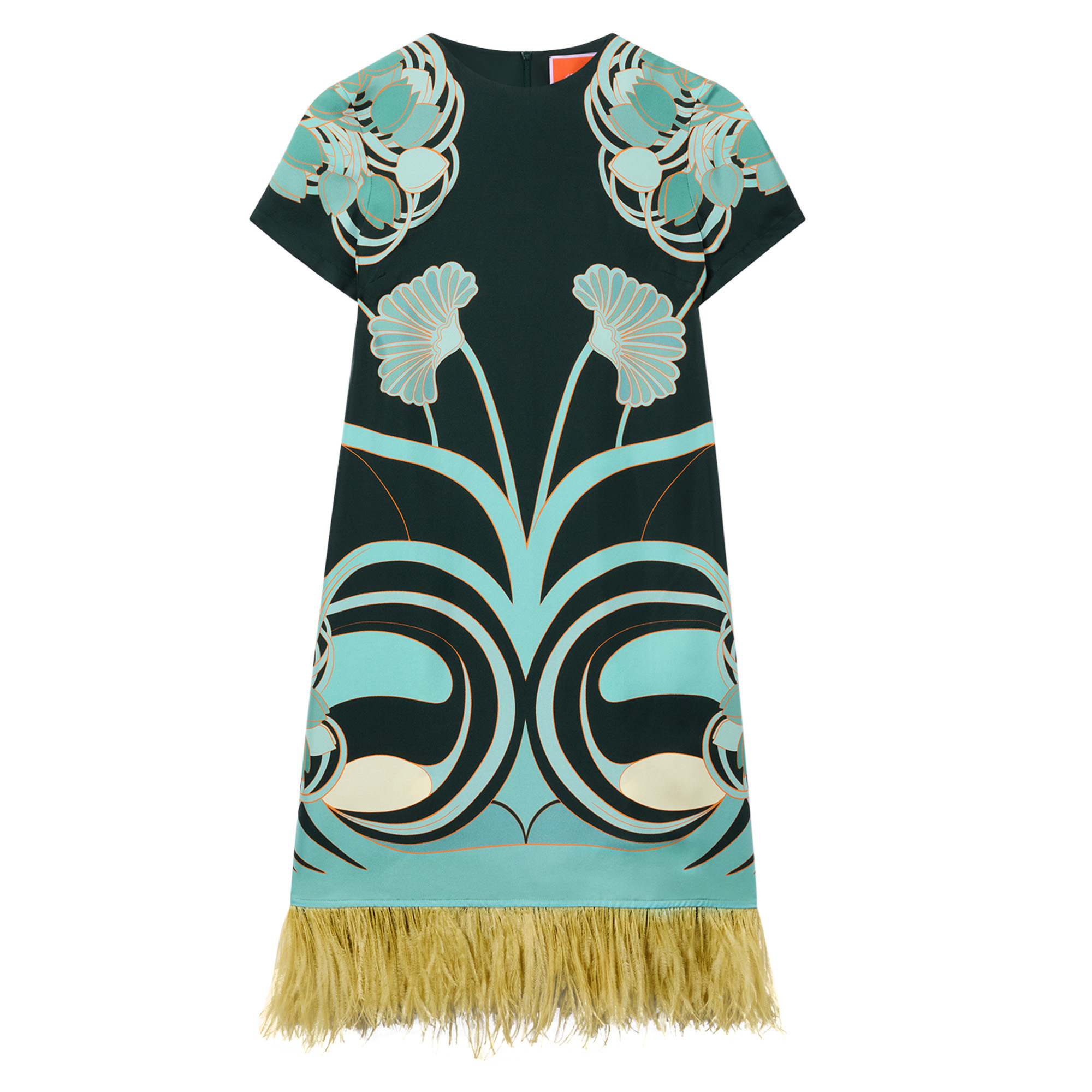 Short Sleeve Mini Swing Dress With Feather Trim