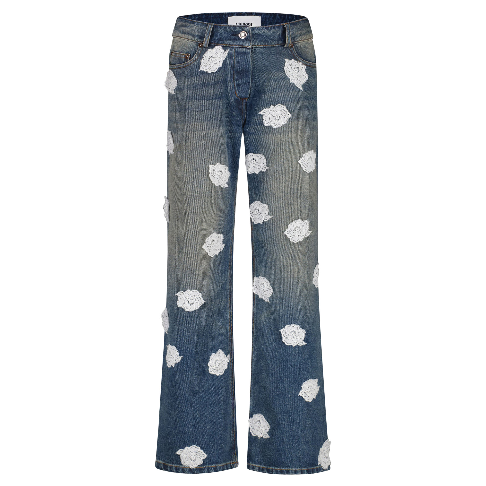 Washed And Stained Denim Jeans With Lace Polka Dots