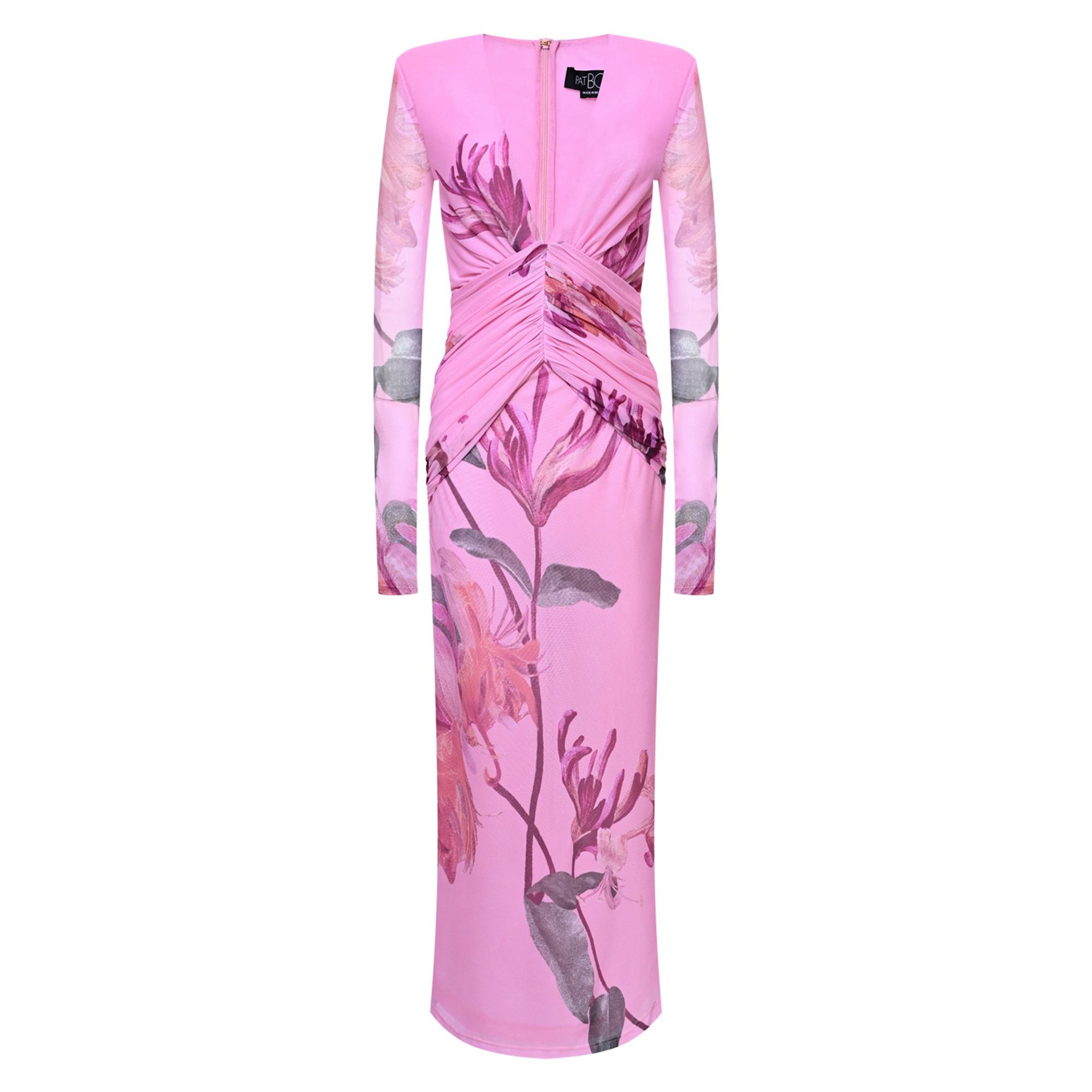 Long Sleeve V-Neck Honey Flower Tulle Midi Dress