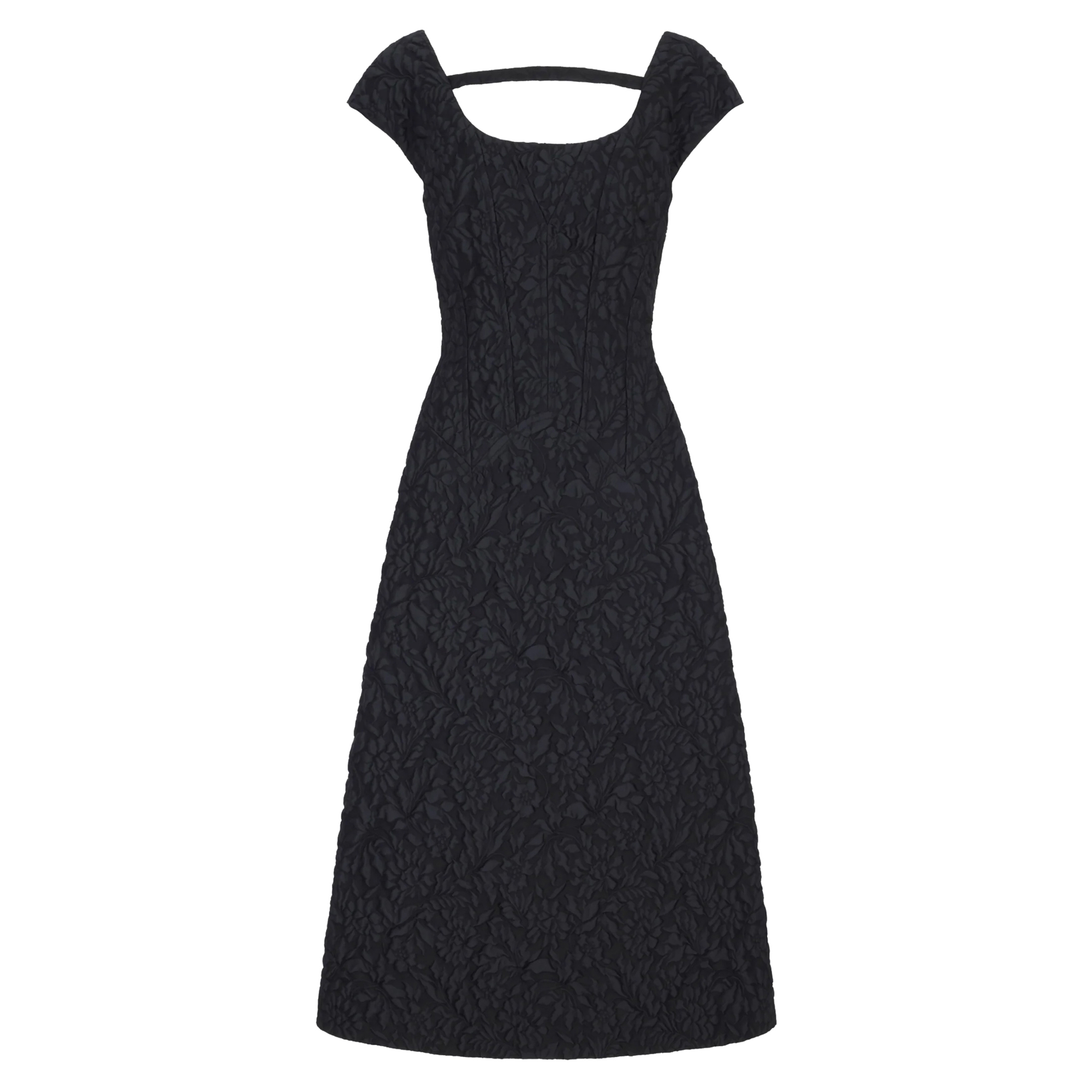 Pesca Short Sleeve Warp Floral Jacquard Boatneck Midi Dress
