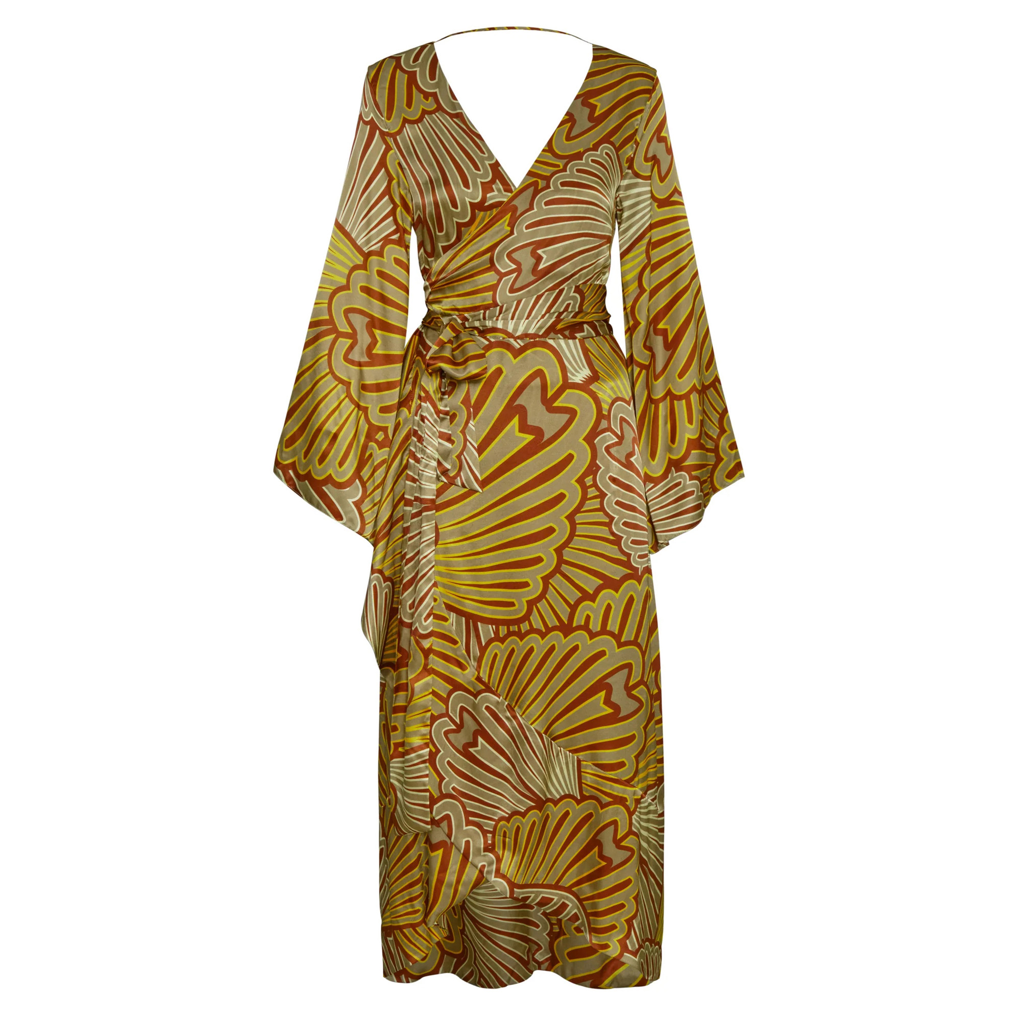 Pacifico Long Sleeve Satin Silk Midi Wrap Dress