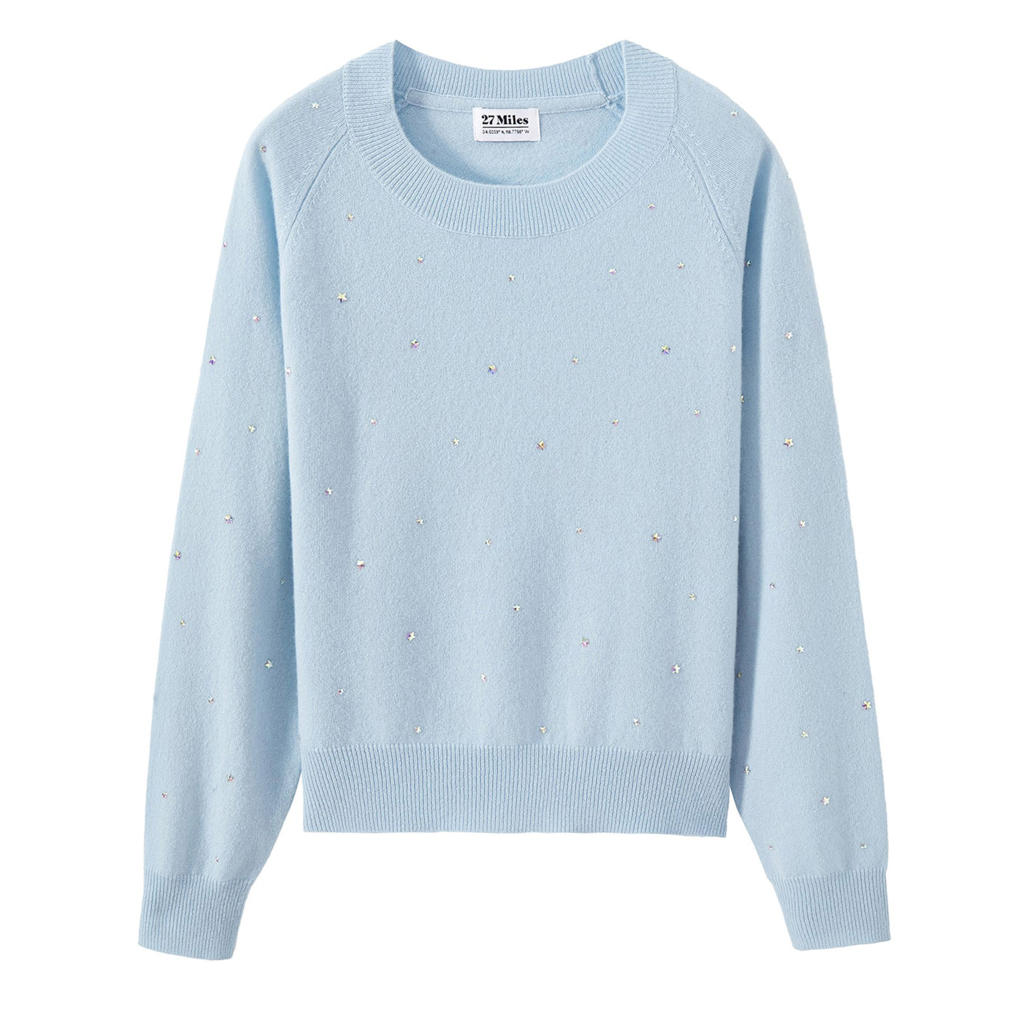 Letitia Wide Crewneck Cashmere Sweater With Star Rhinestones