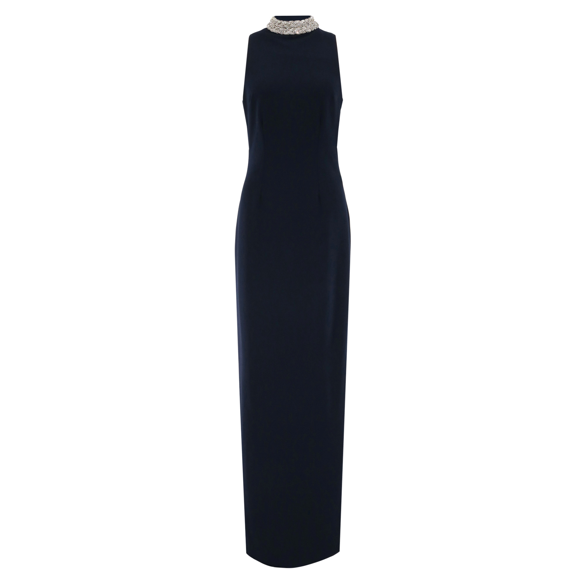 Sleeveless Braided Crystal Mock Neck Stretch Crepe Gown
