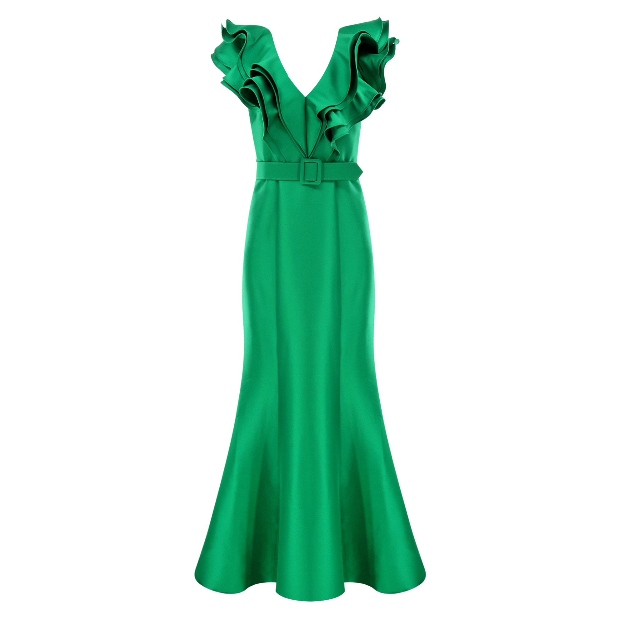 Ruffled Neckline Belted Trumpet Gown