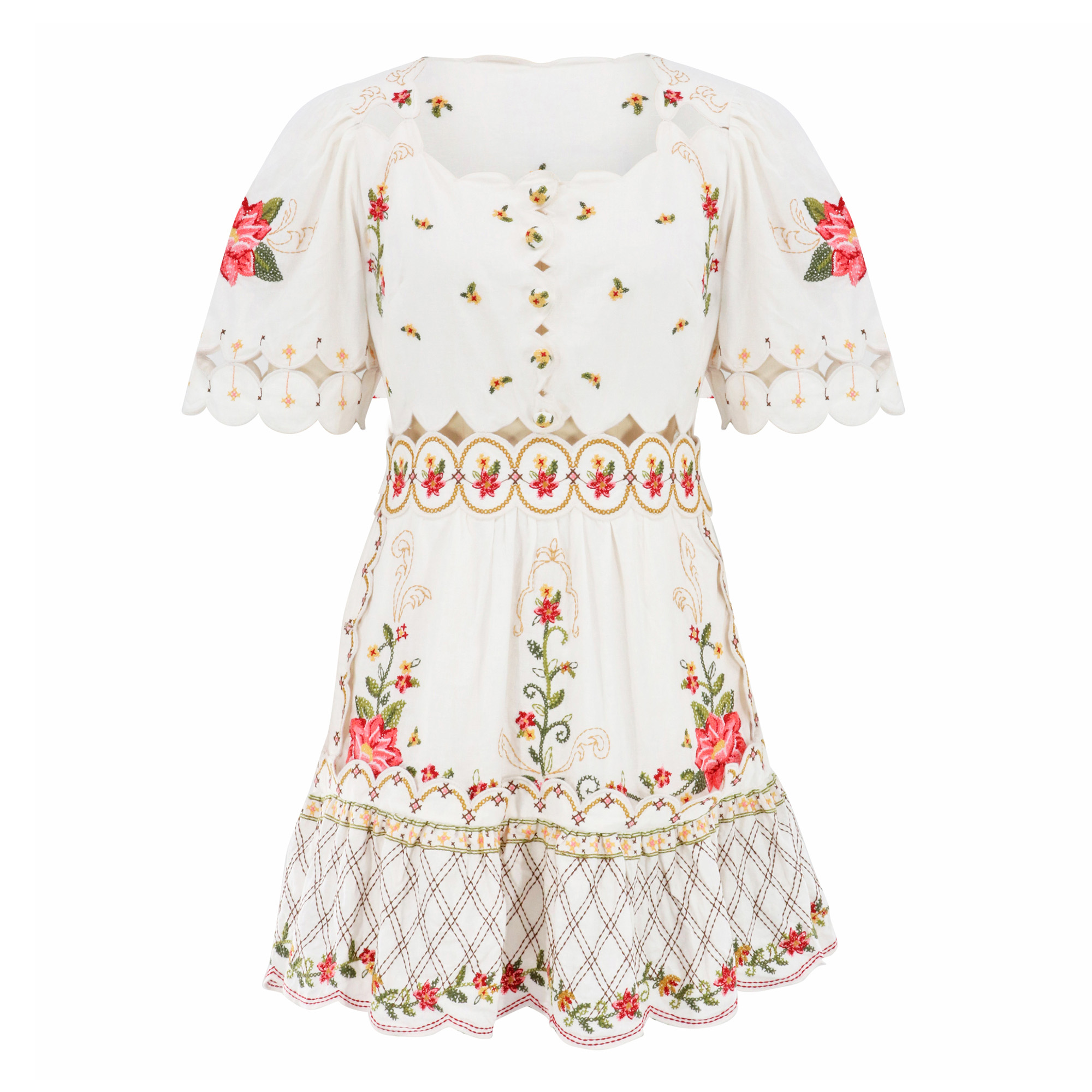 Short Sleeve Flower Embroidery Mini Dress