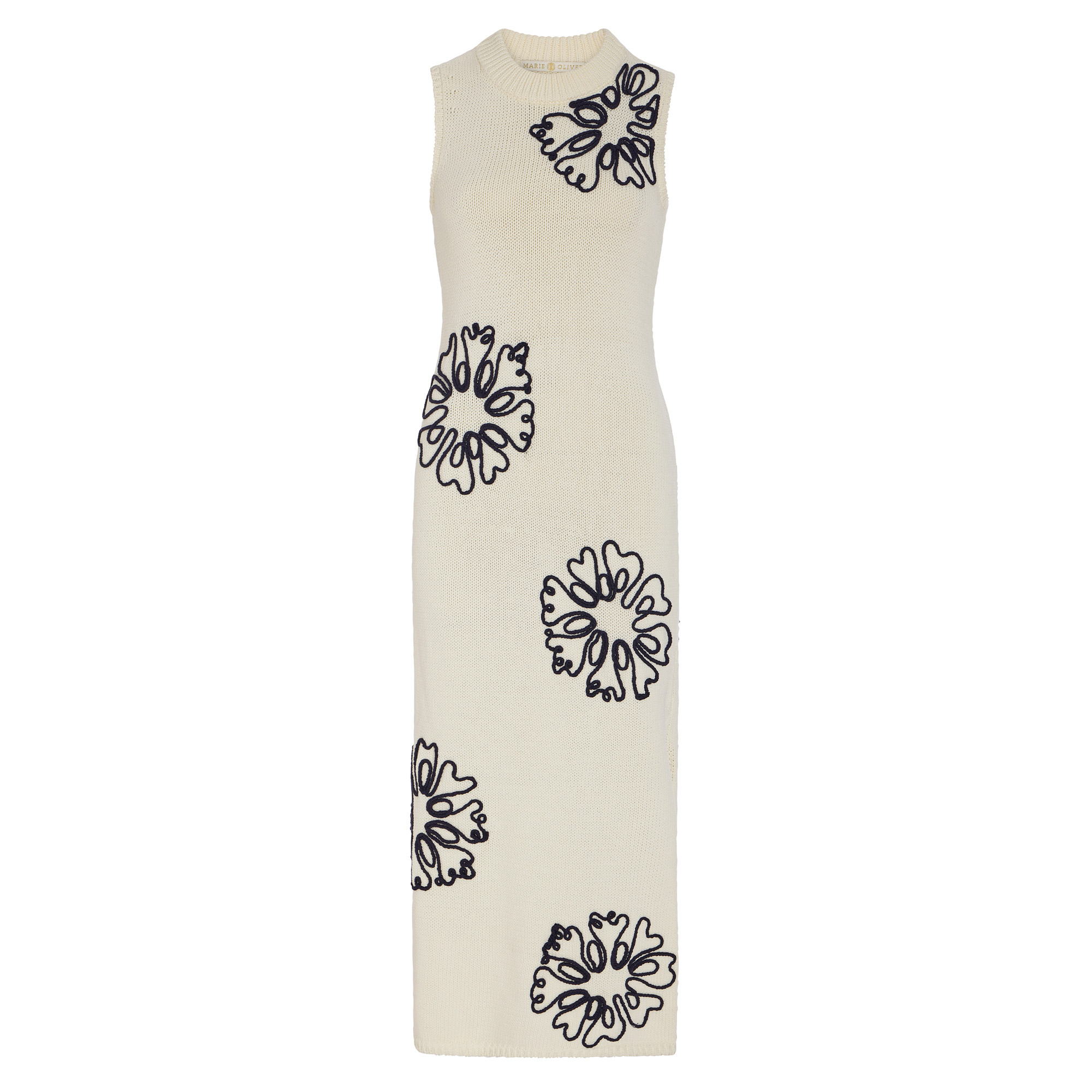 Patricia Sleeveless Knit Midi Sheath Dress With Embroidered Flower Detail