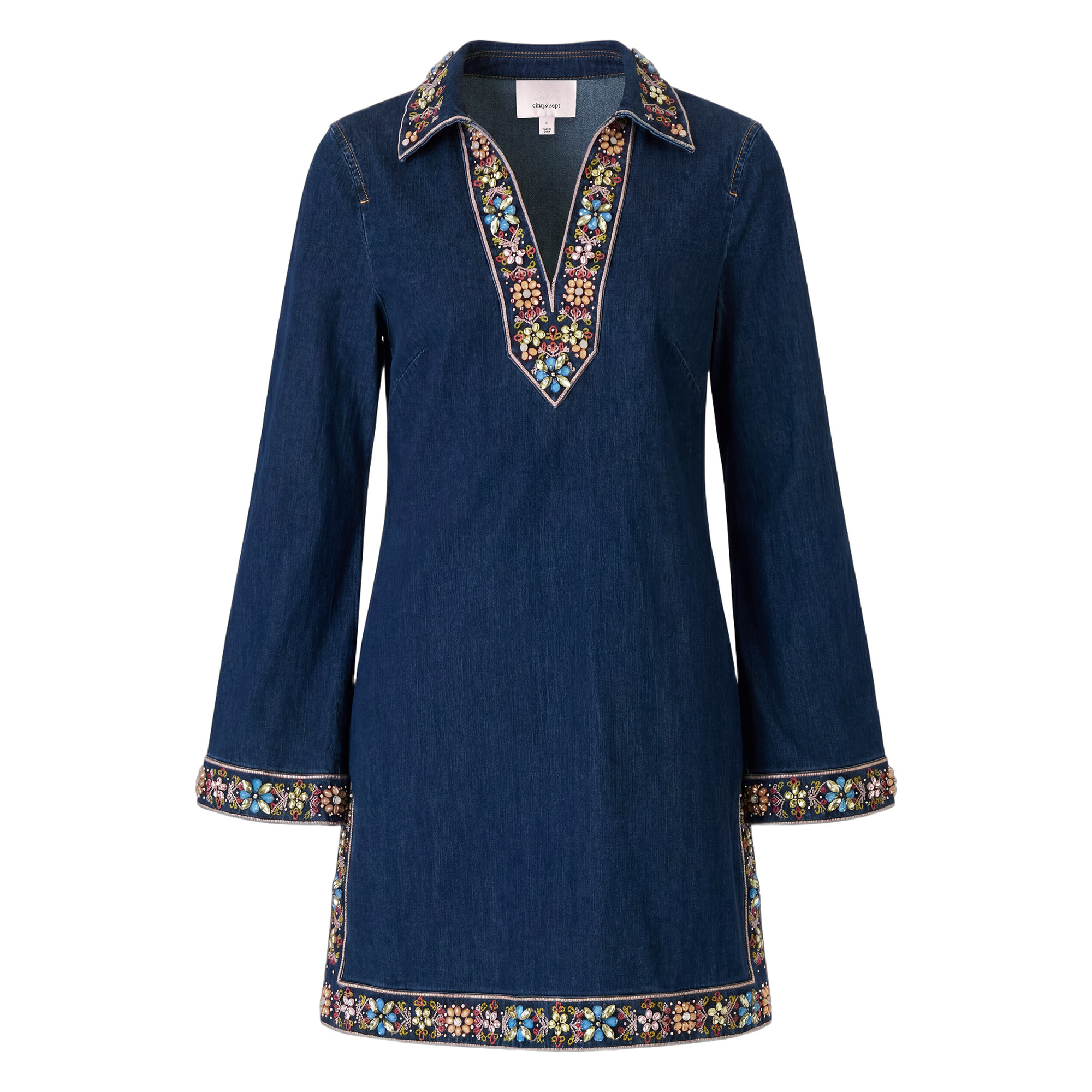 Pierson Long Sleeve Beaded Trim Denim Mini Dress