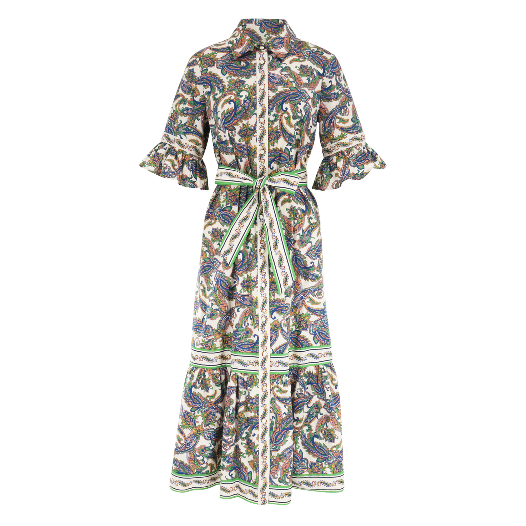 Alix Ruffle Sleeve Belted Midi Dress