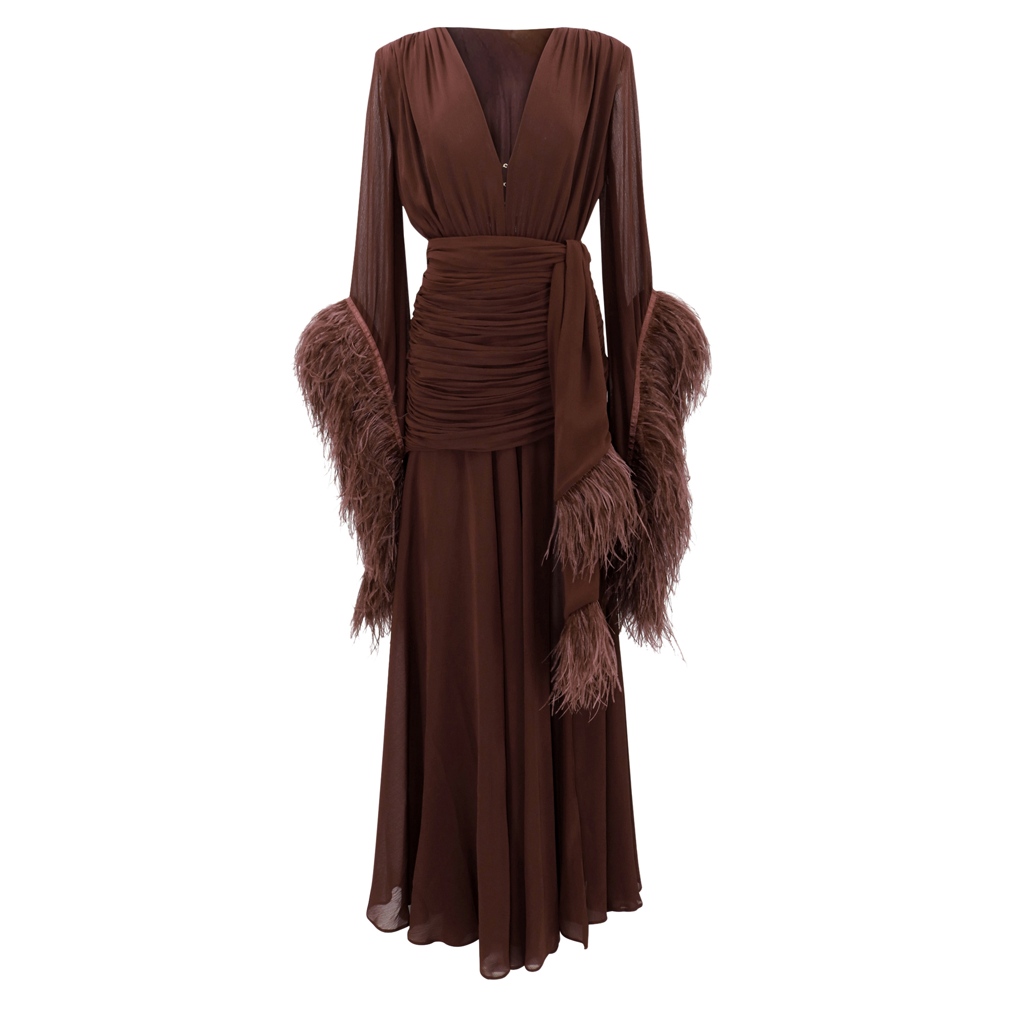 Long Sleeve Deep-V Feather Gown