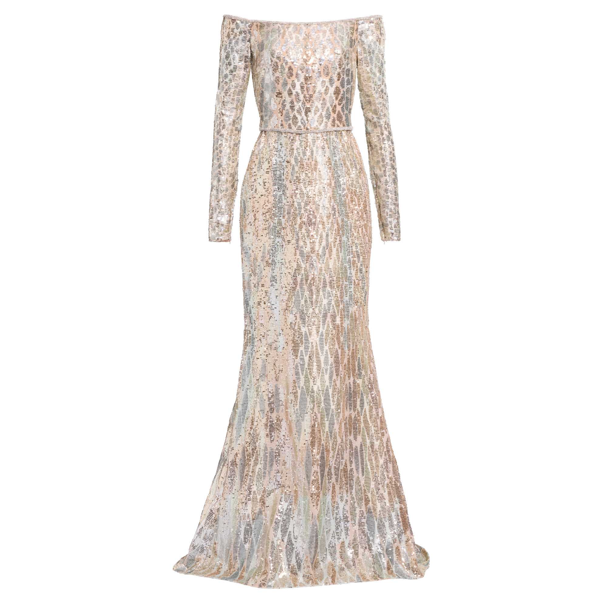 Sequin Embroidered Off-The-Shoulder Gown