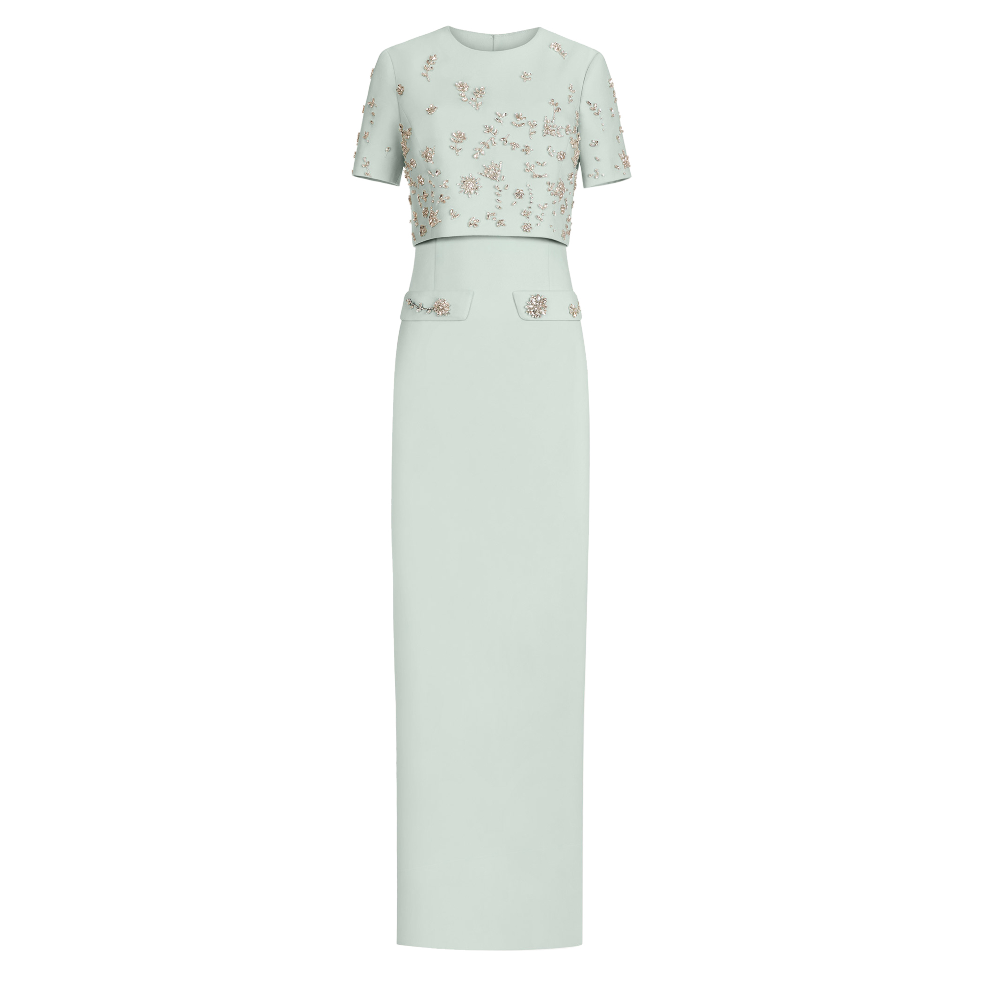 Strapless Crystal Floral Embroidered Wool Gown