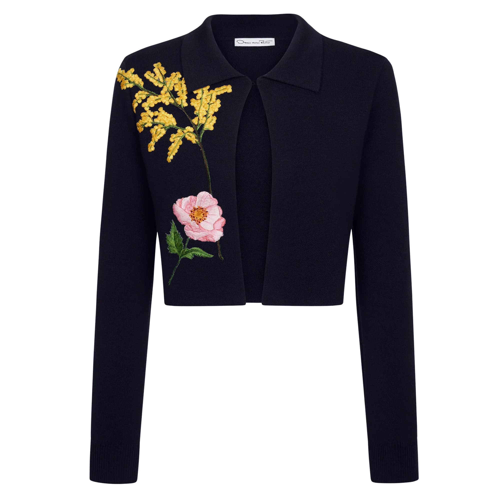 Long Sleeve Floral Embroidered Collared Knit Cropped Jacket