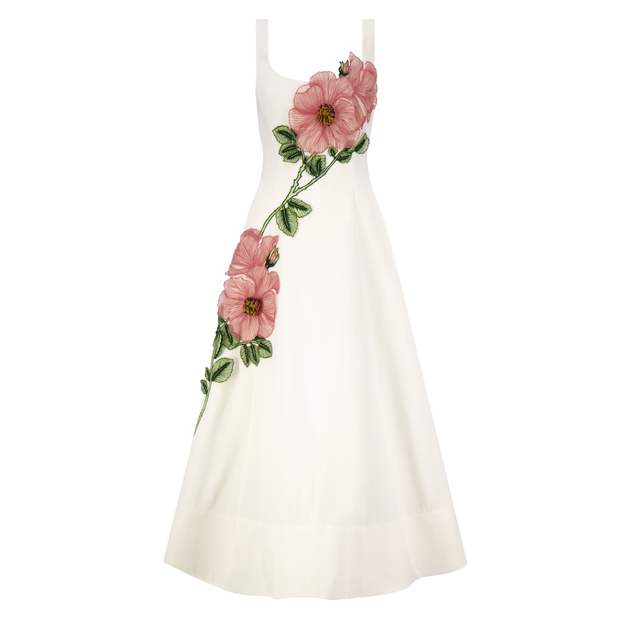 Sleeveless Peony Embroidered Stretch Cotton Fluid Midi Dress