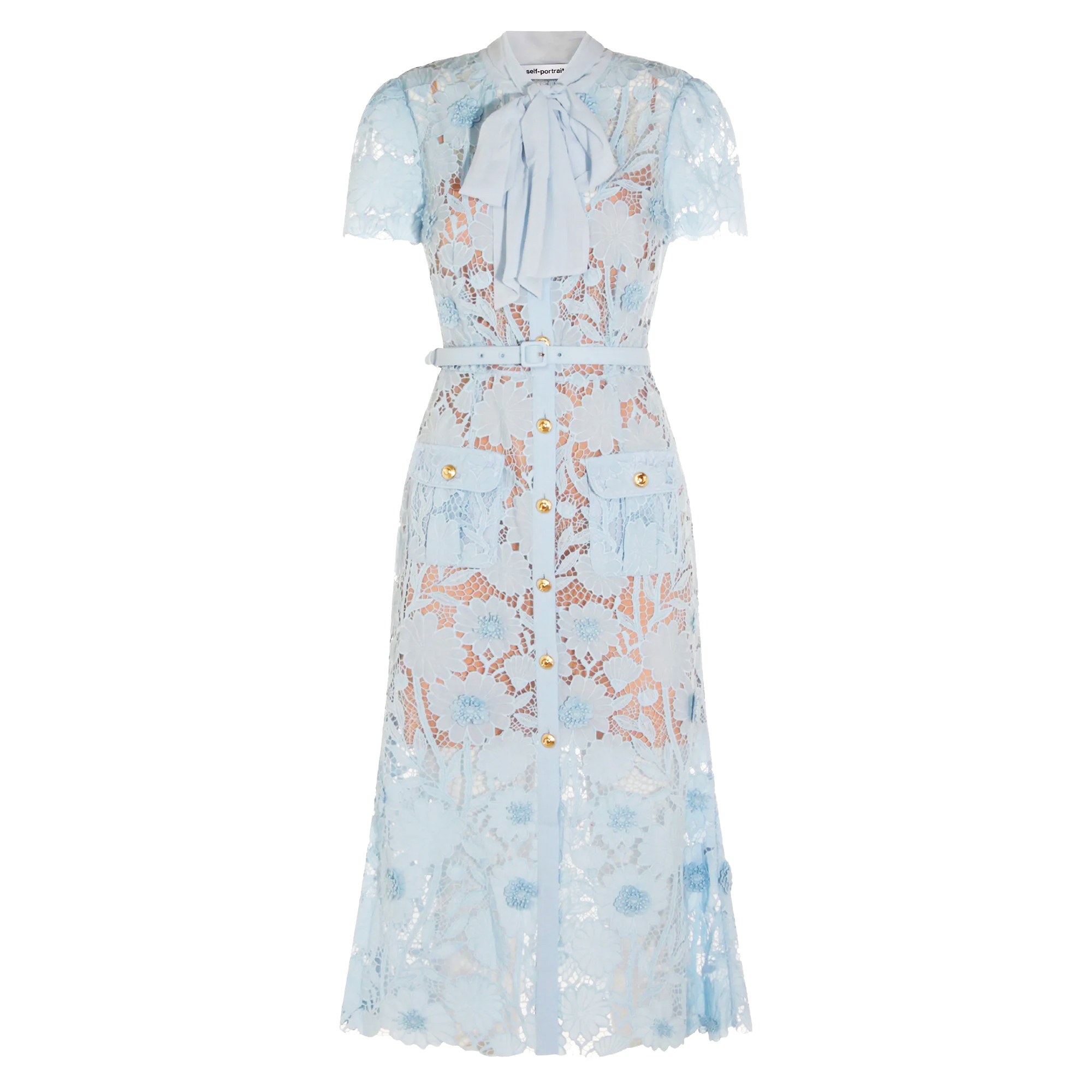 Short Sleeve Lace Tie Neck Belted Midi Dress