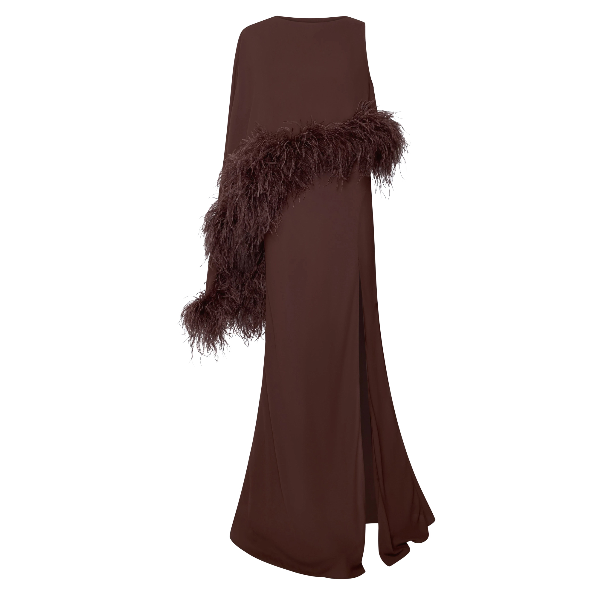 Georgette Asymmetric Draped Gown With Feathers