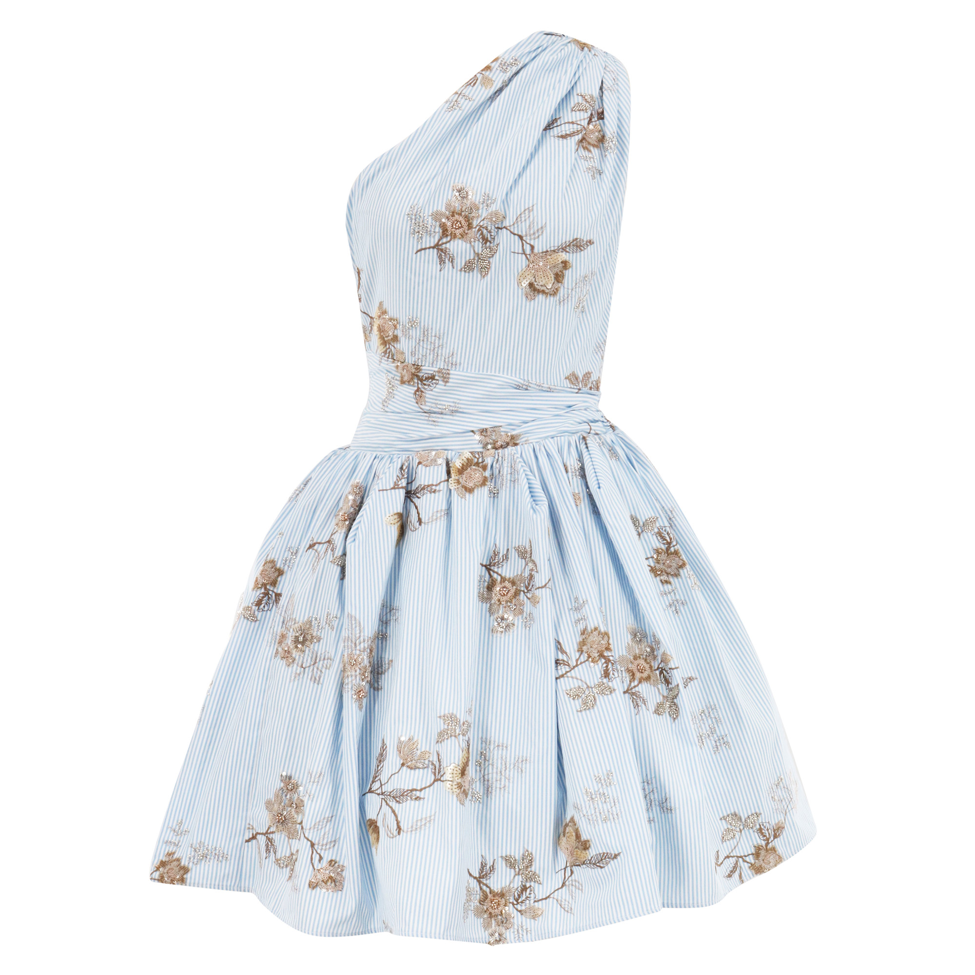 Paula One-Shoulder Floral-Embroidered Striped Poplin Mini Dress