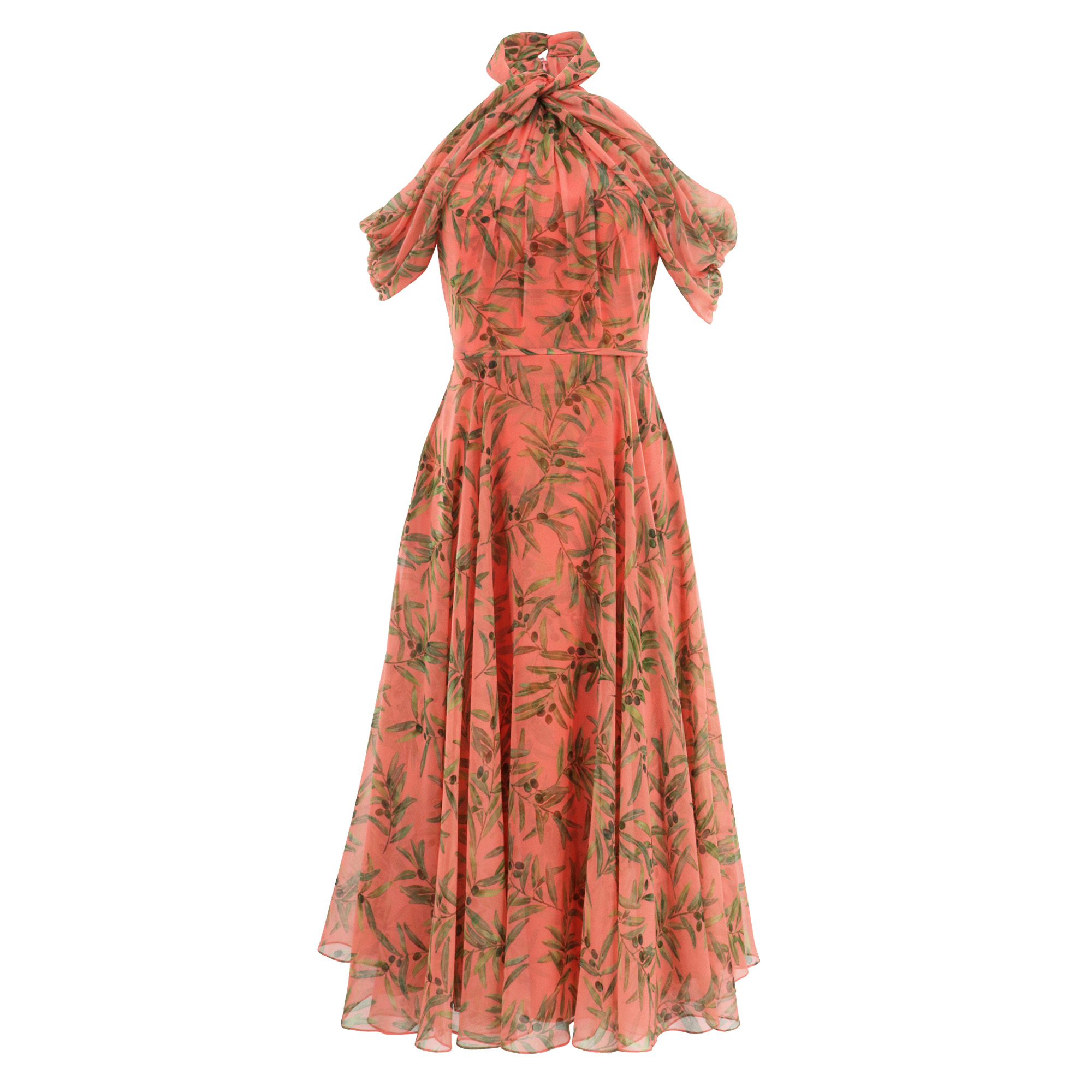 Olive Branch Print Halterneck Midi Dress