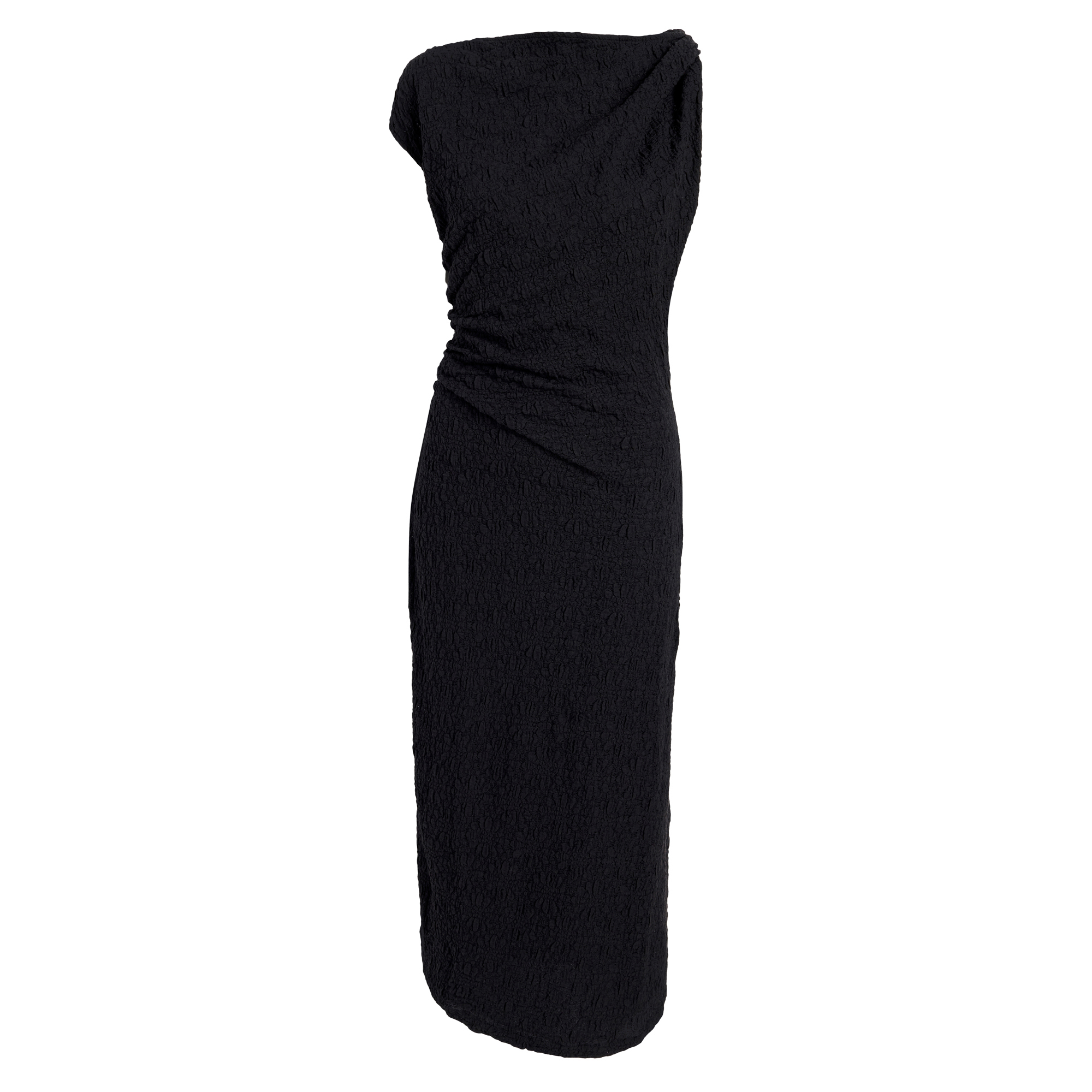 Astra Short Sleeve Ruched Asymmetric Midi Dress In Stretch Lace