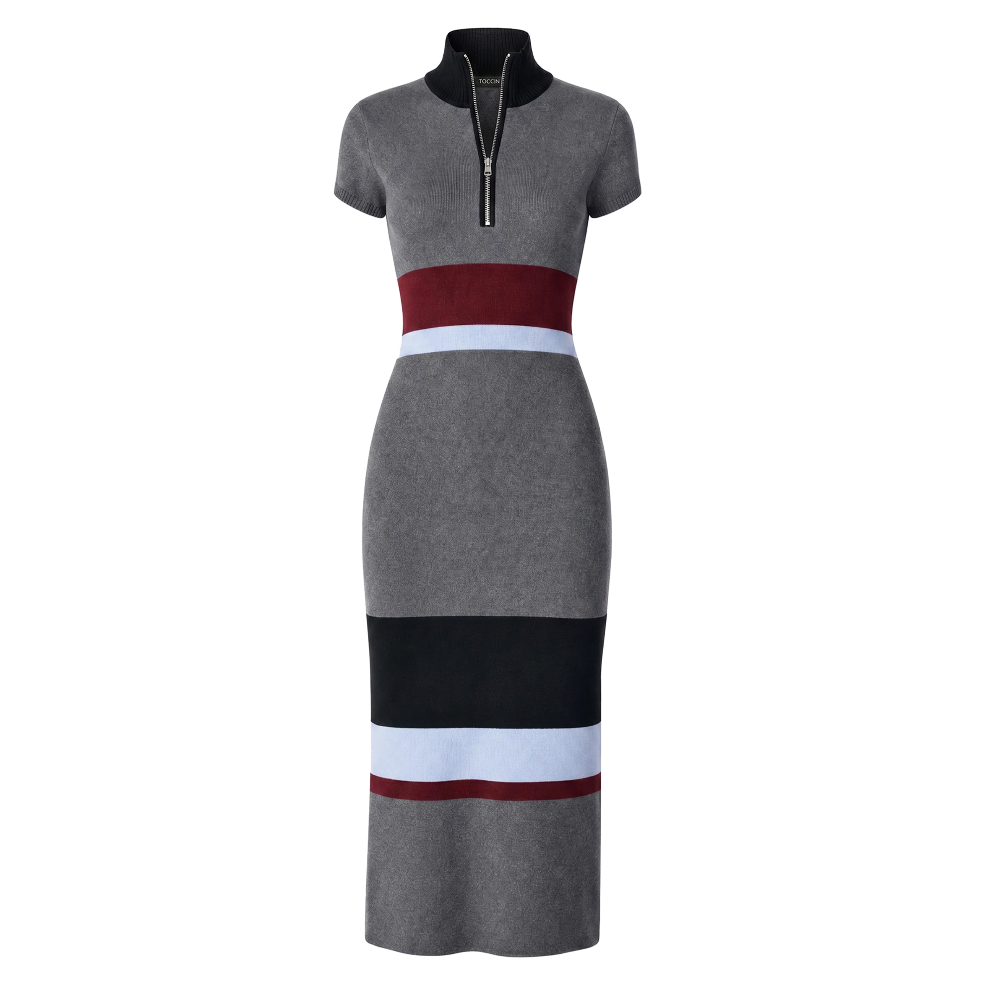 Dasha Cap Sleeve Mock Neck Half Zip Midi Dress