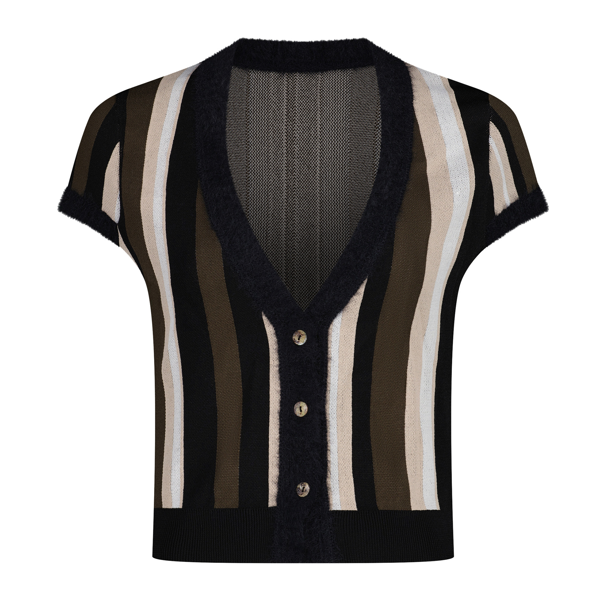 Striped Short Sleeve Knit Top With Contrast Details