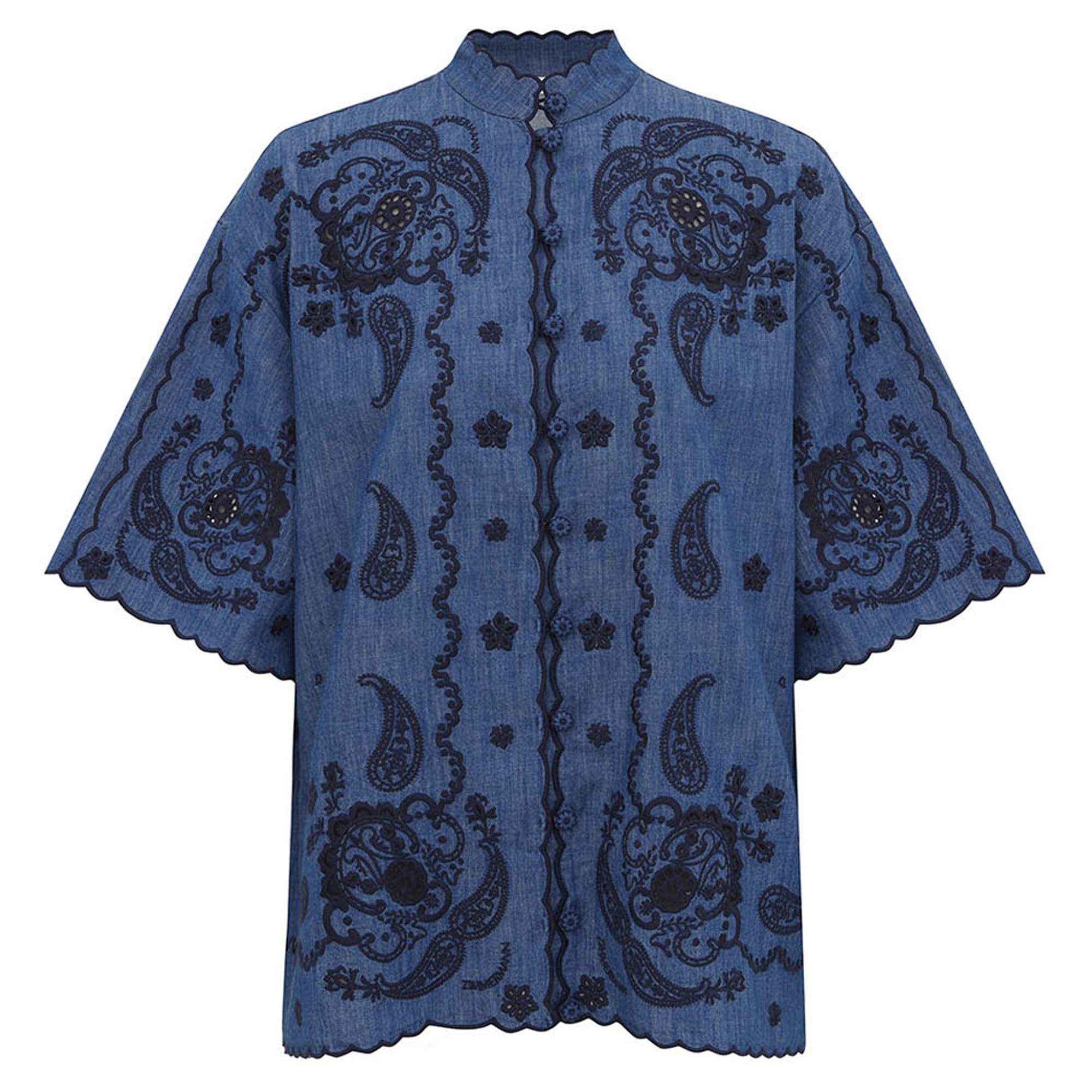 Aster Raglan-Sleeve Embroidered Denim Shirt