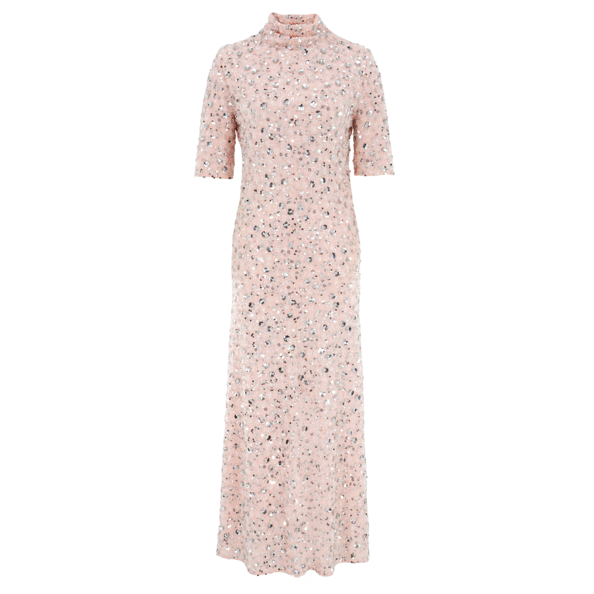 Short Sleeve Midi Dress With Silver Floral Sequin Embroidery