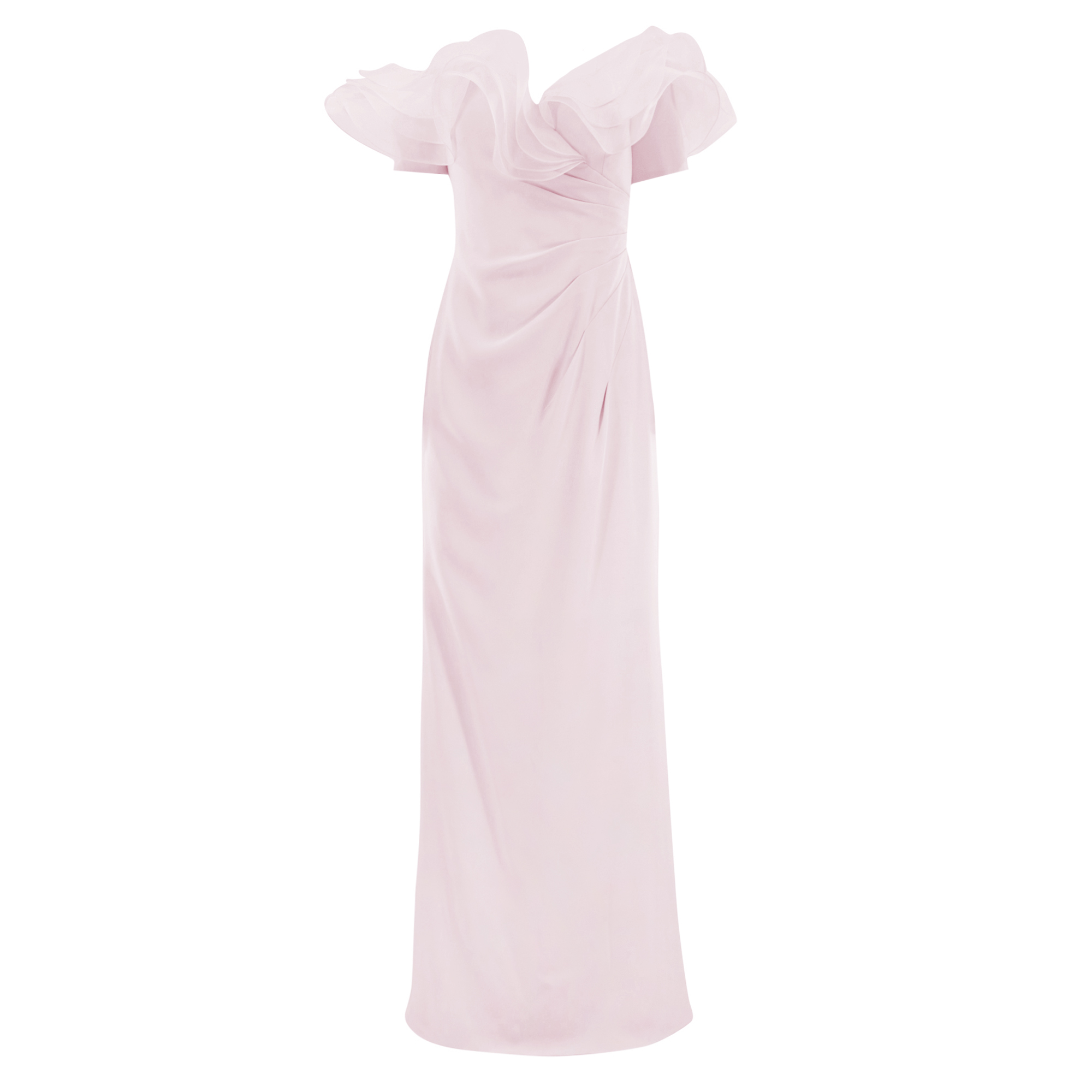 Ruffled Off Shoulder Crepe Gown