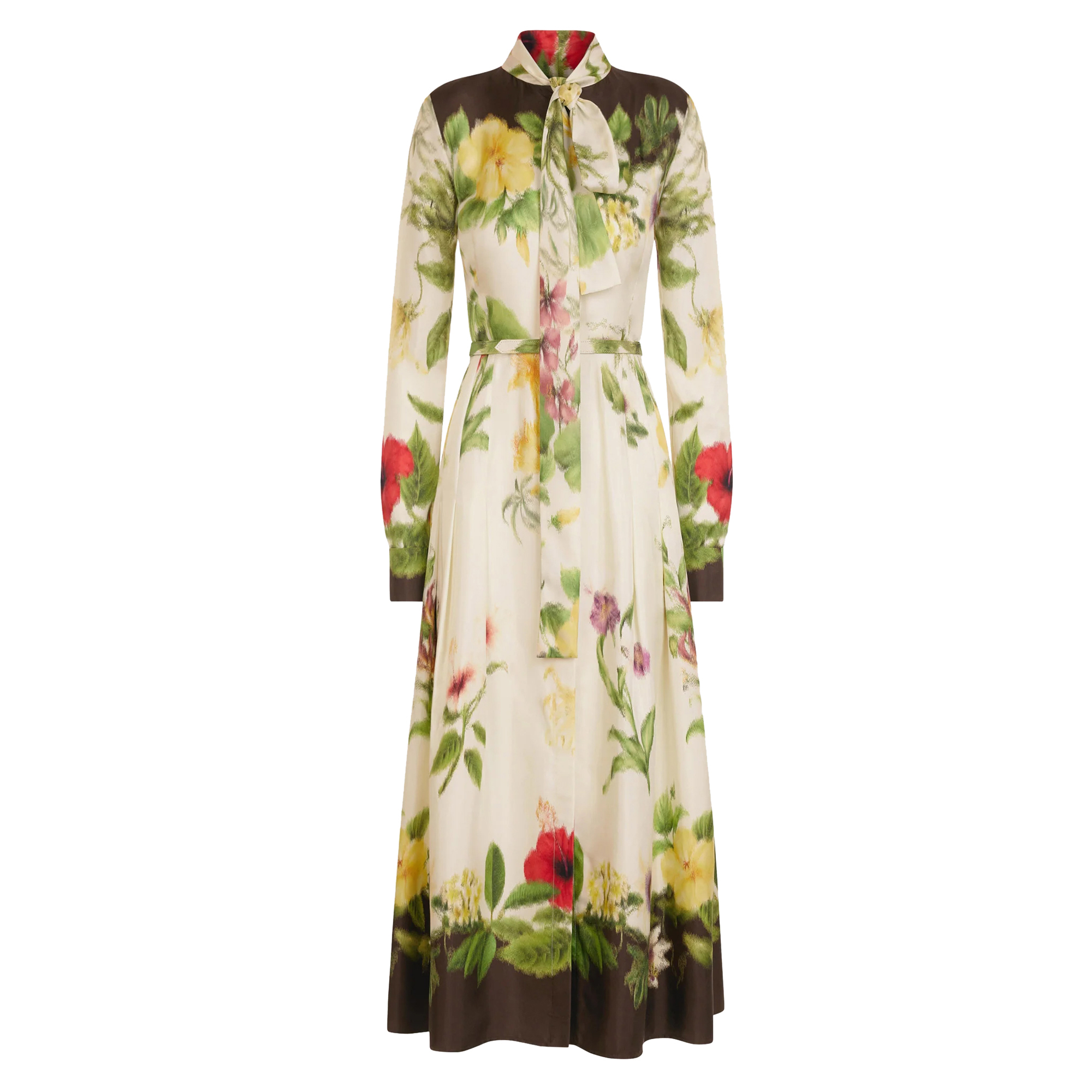 Long Sleeve Tie Neck Dominican Mixed-Floral Silk Twill Midi Dress