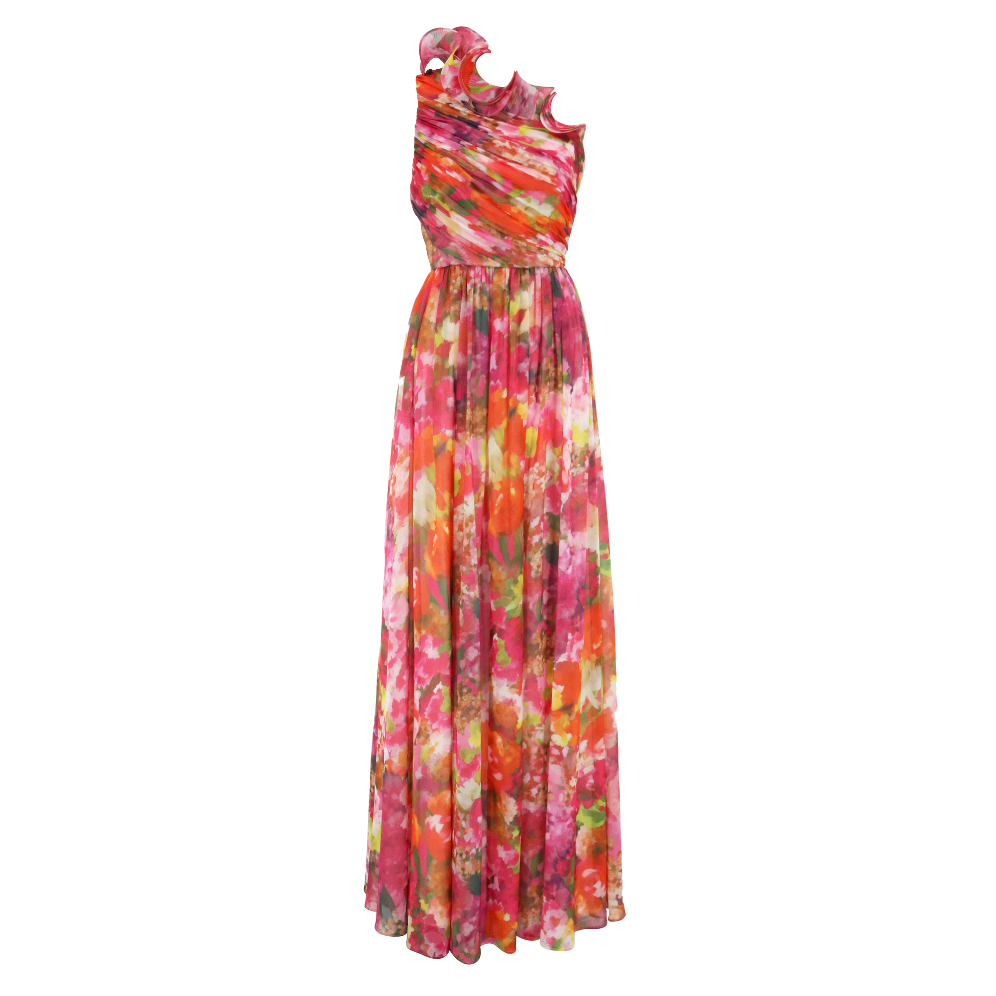 One-Shoulder Floral Print Ruffle Gown