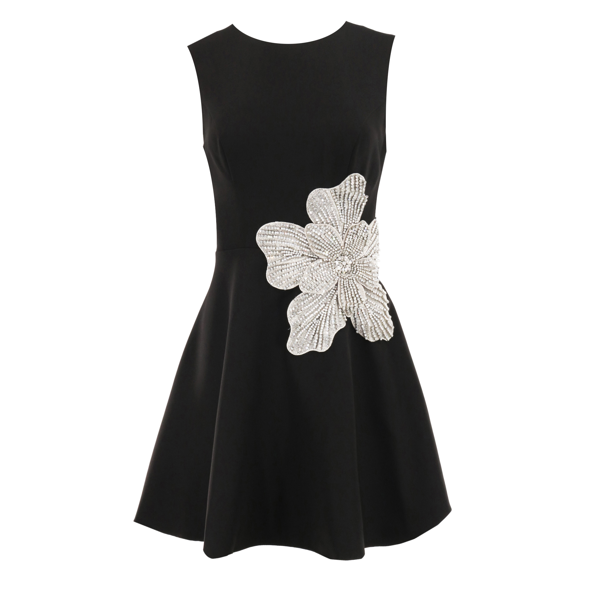 Sleeveless Crepe Mini Dress With Rhinestone Flower Detail