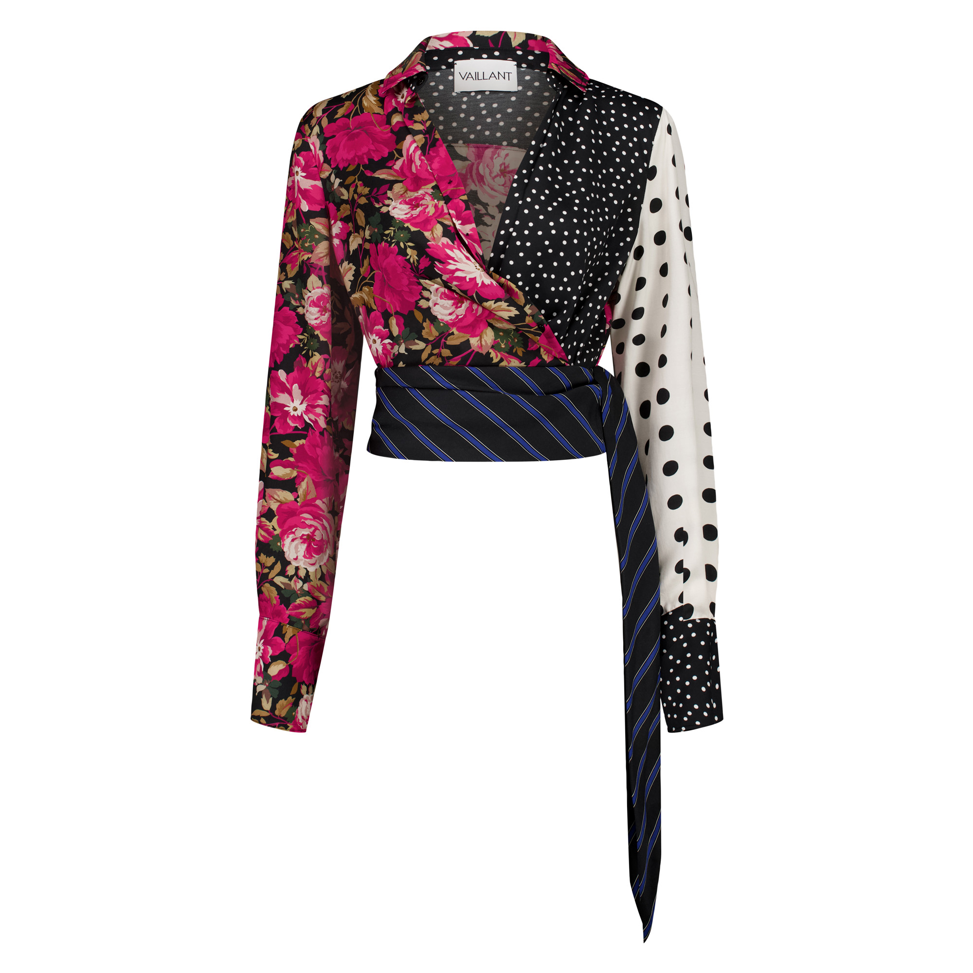 Long Sleeve Draped Patchwork Silky Twill Wrap Shirt