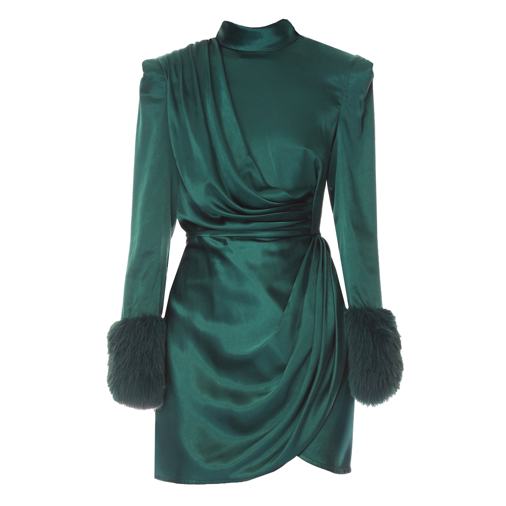 Silky Long Sleeve Mini Dress With Faux Fur Cuff
