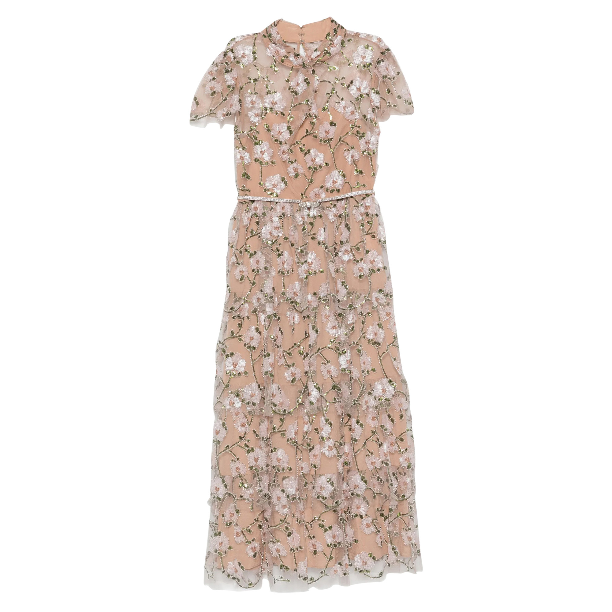 Short Sleeve Belted Sequin Embellished Tiered Midi Dress